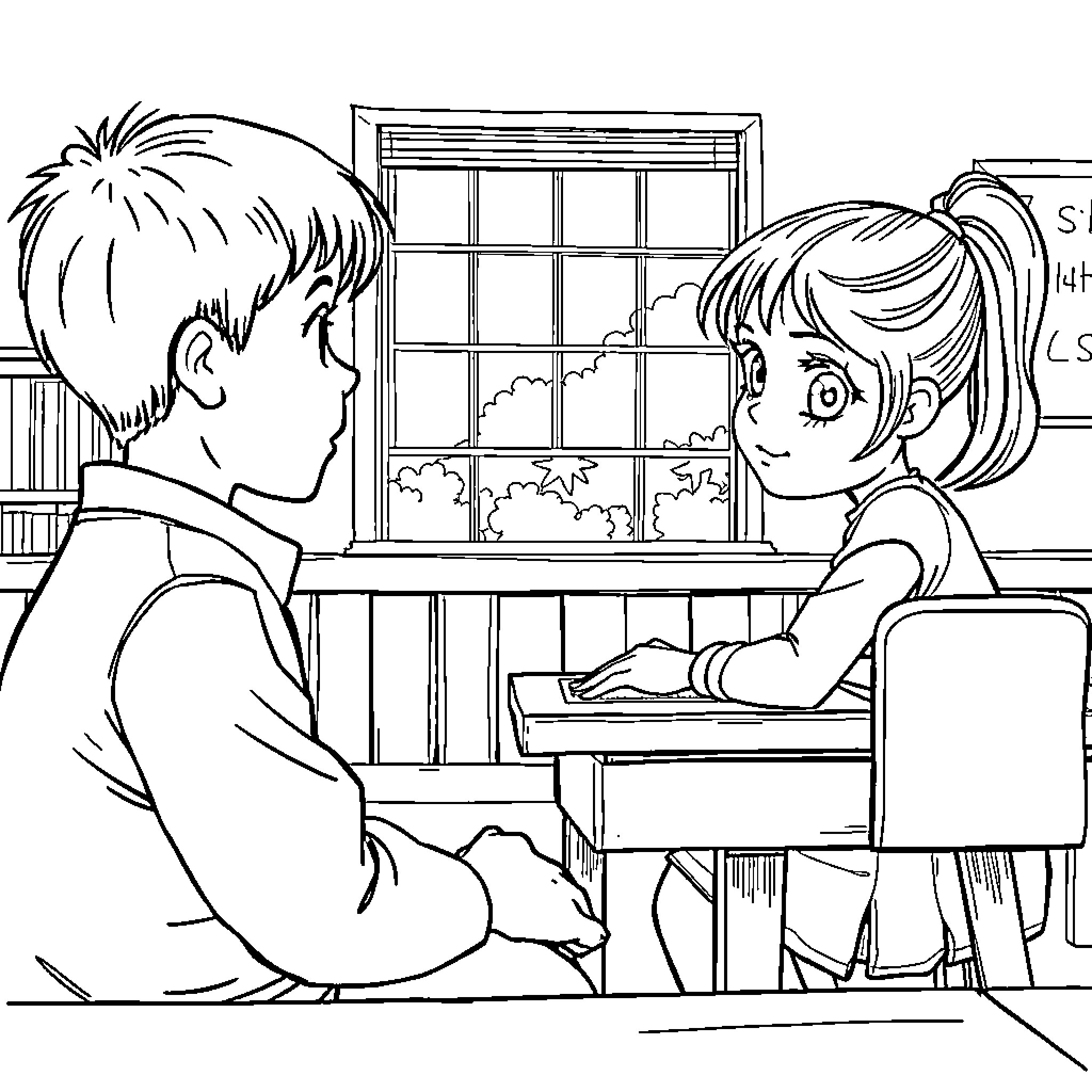 Boy and girl studying together in classroom Coloring Page (free black-and-white line drawing printable PDF for all, from beginners to advanced learners, including children, teens, adults, and seniors)