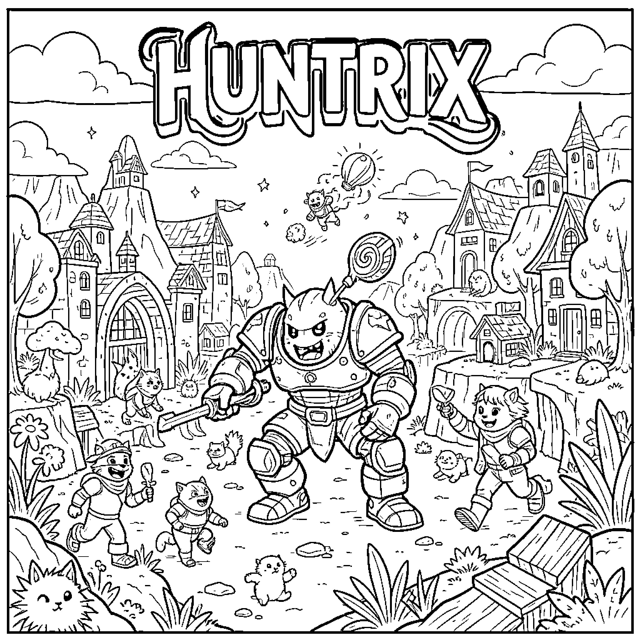 Huntrix: Heroic Figures in a Fantastical World Coloring Page (free black-and-white line drawing printable PDF for all, from beginners to advanced learners, including children, teens, adults, and seniors)