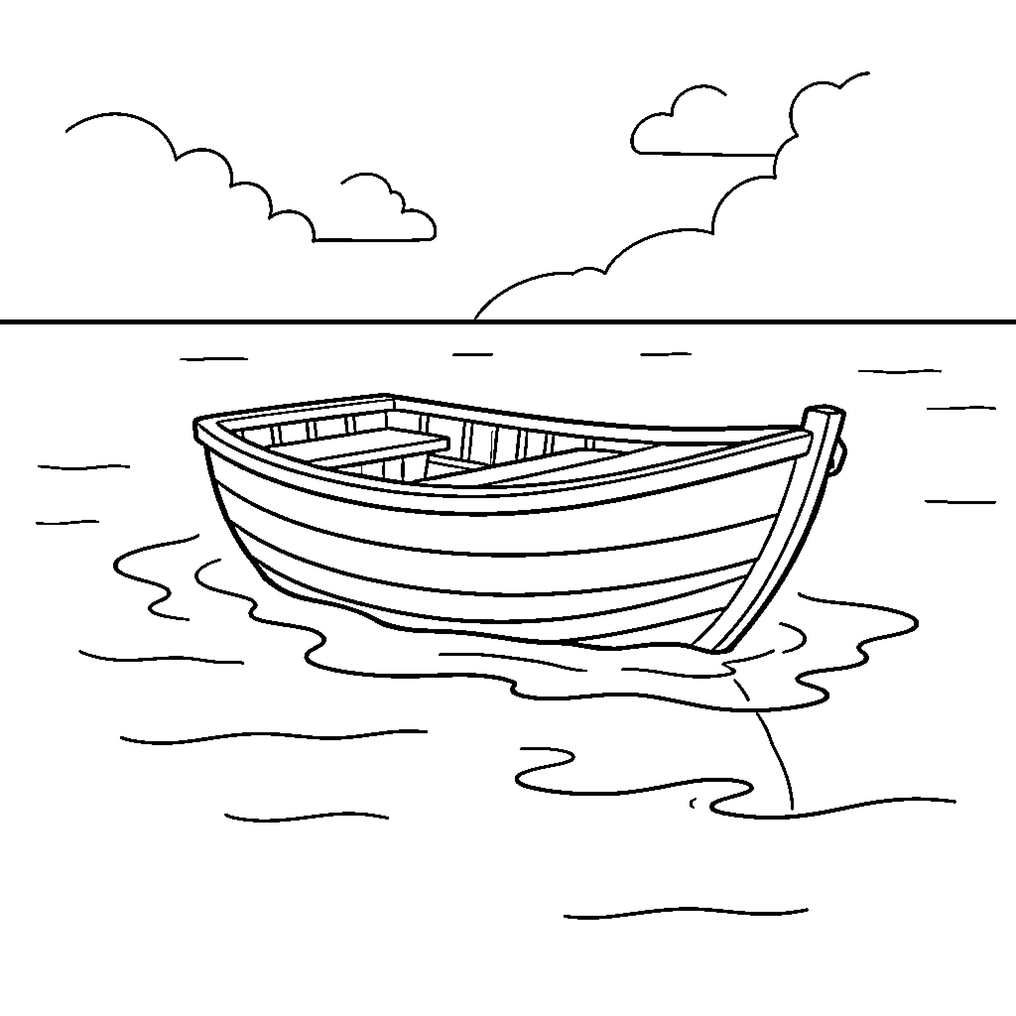 Bateau floating calmly on the gentle ocean waves Coloring Page (free black-and-white line drawing printable PDF for all, from beginners to advanced learners, including children, teens, adults, and seniors)