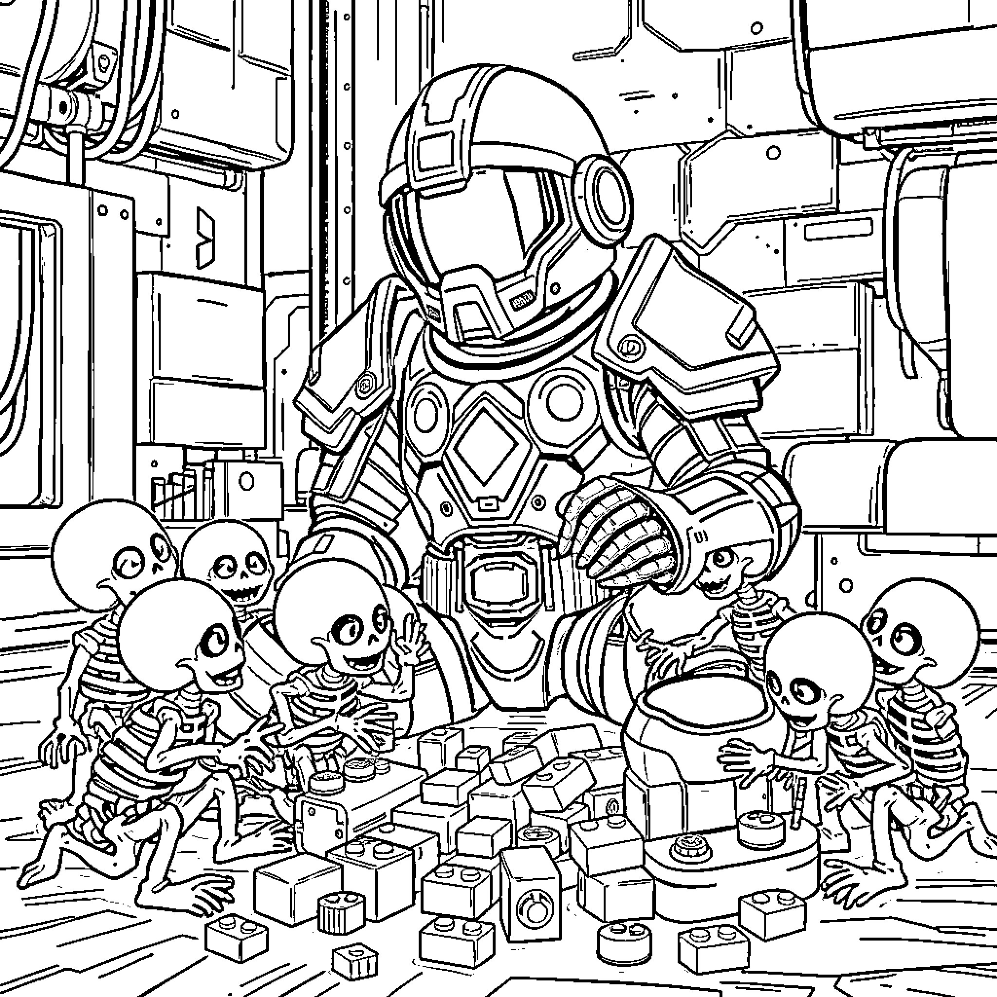 Spacemarine confronts a group of skeleton minions Coloring Page (free black-and-white line drawing printable PDF for all, from beginners to advanced learners, including children, teens, adults, and seniors)