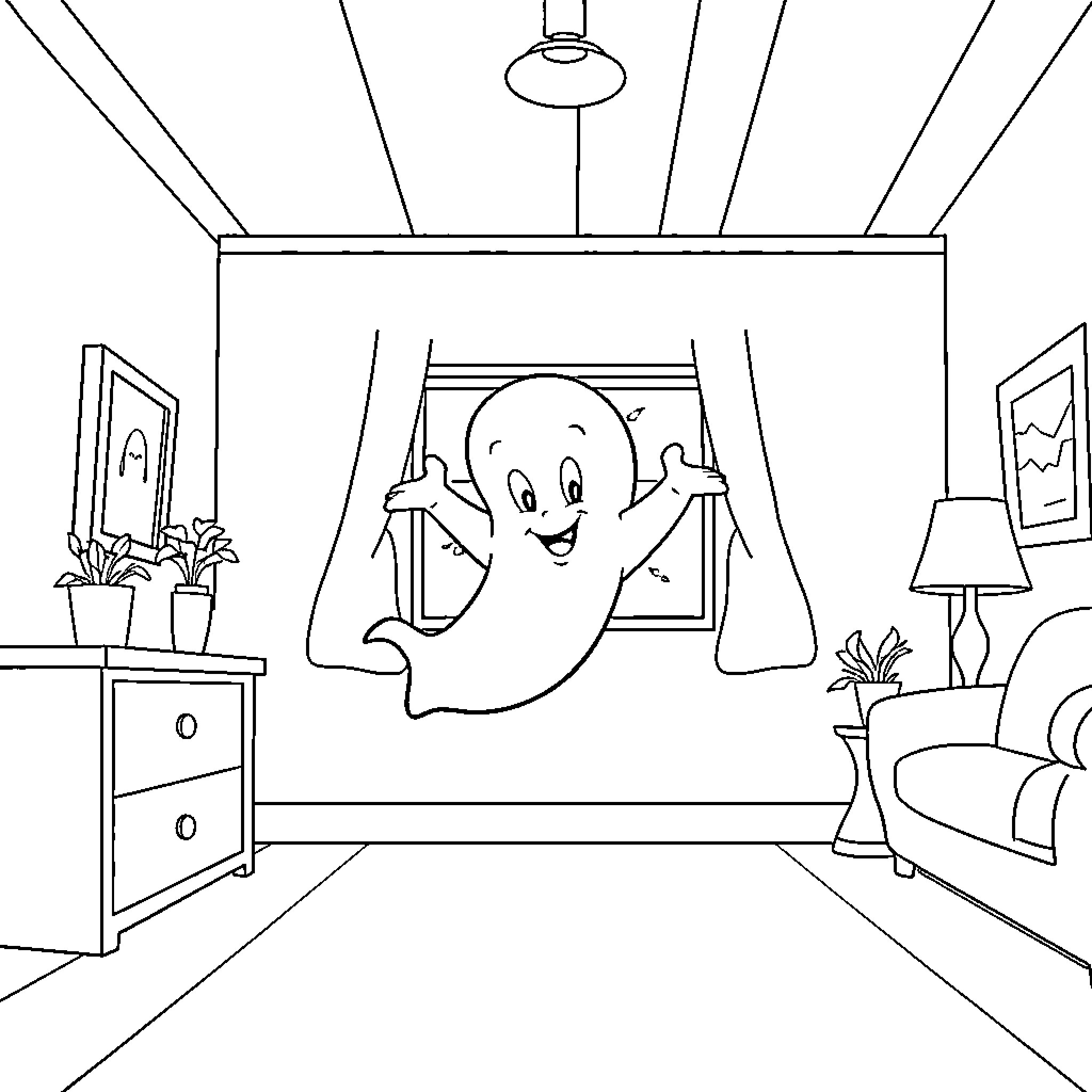 Casper the friendly ghost enjoys haunting a cozy room Coloring Page (free black-and-white line drawing printable PDF for all, from beginners to advanced learners, including children, teens, adults, and seniors)