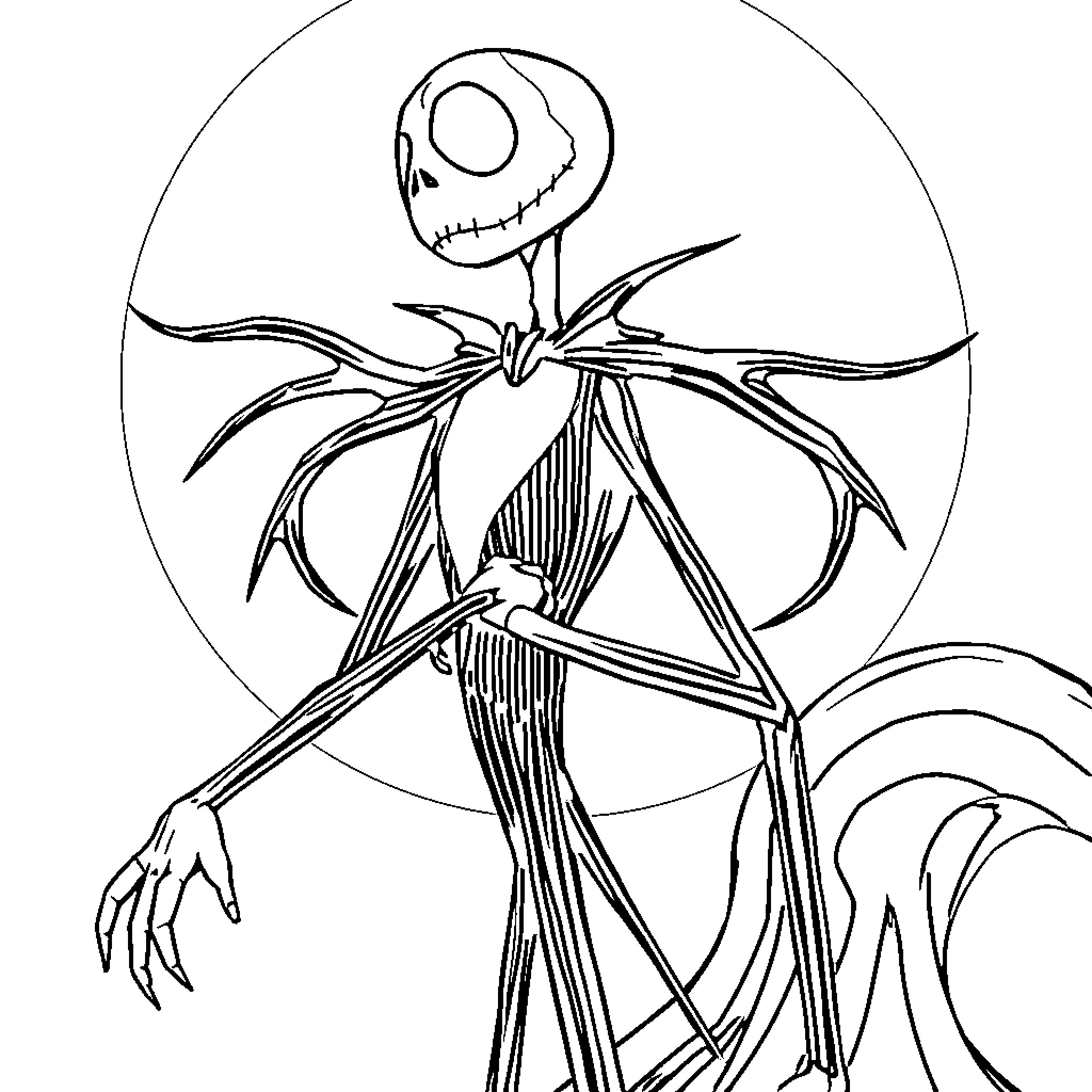 Jack Skellington in a whimsical, skeletal outfit Coloring Page (free black-and-white line drawing printable PDF for all, from beginners to advanced learners, including children, teens, adults, and seniors)