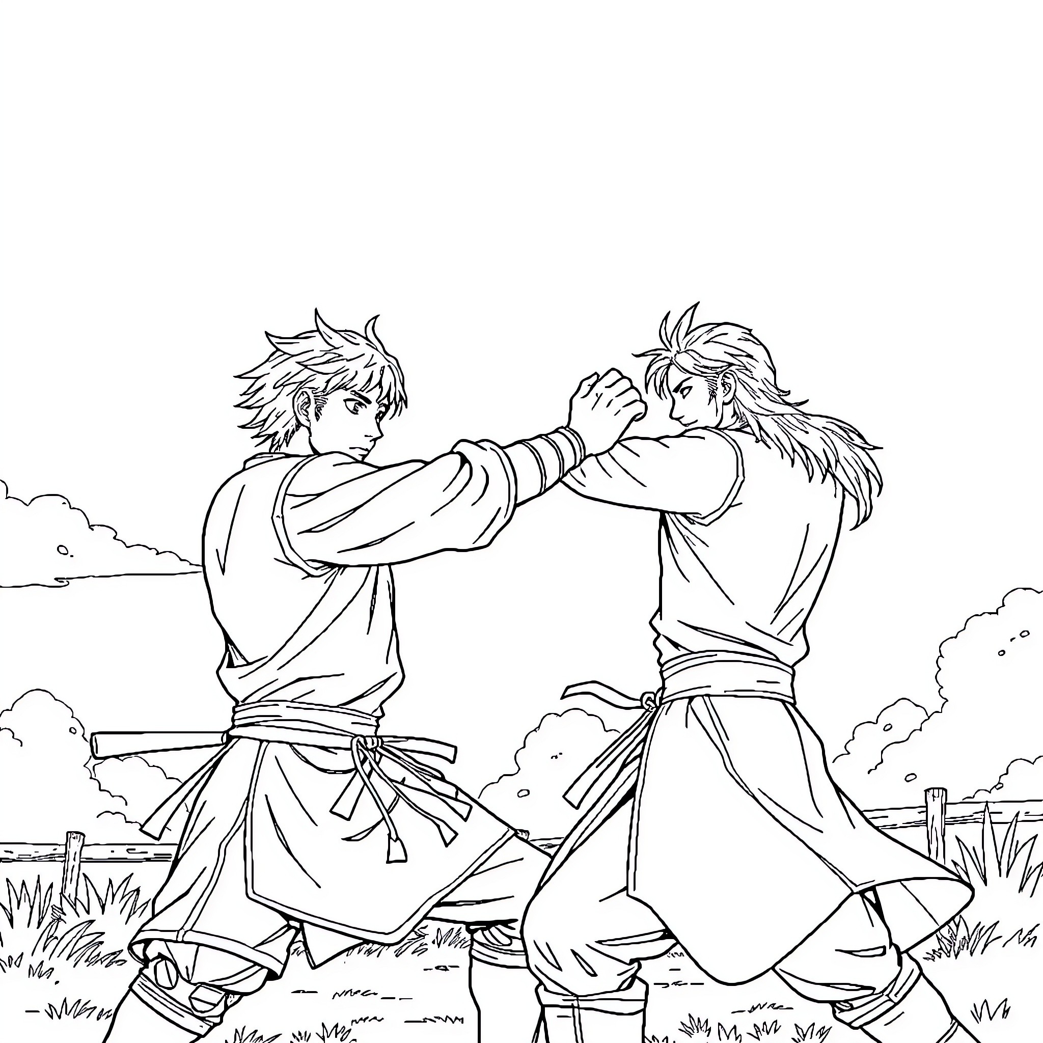 Edward Elric and Alphonse Elric - Brothers Sparring in the Countryside Coloring Page (free black-and-white line drawing printable PDF for all, from beginners to advanced learners, including children, teens, adults, and seniors)