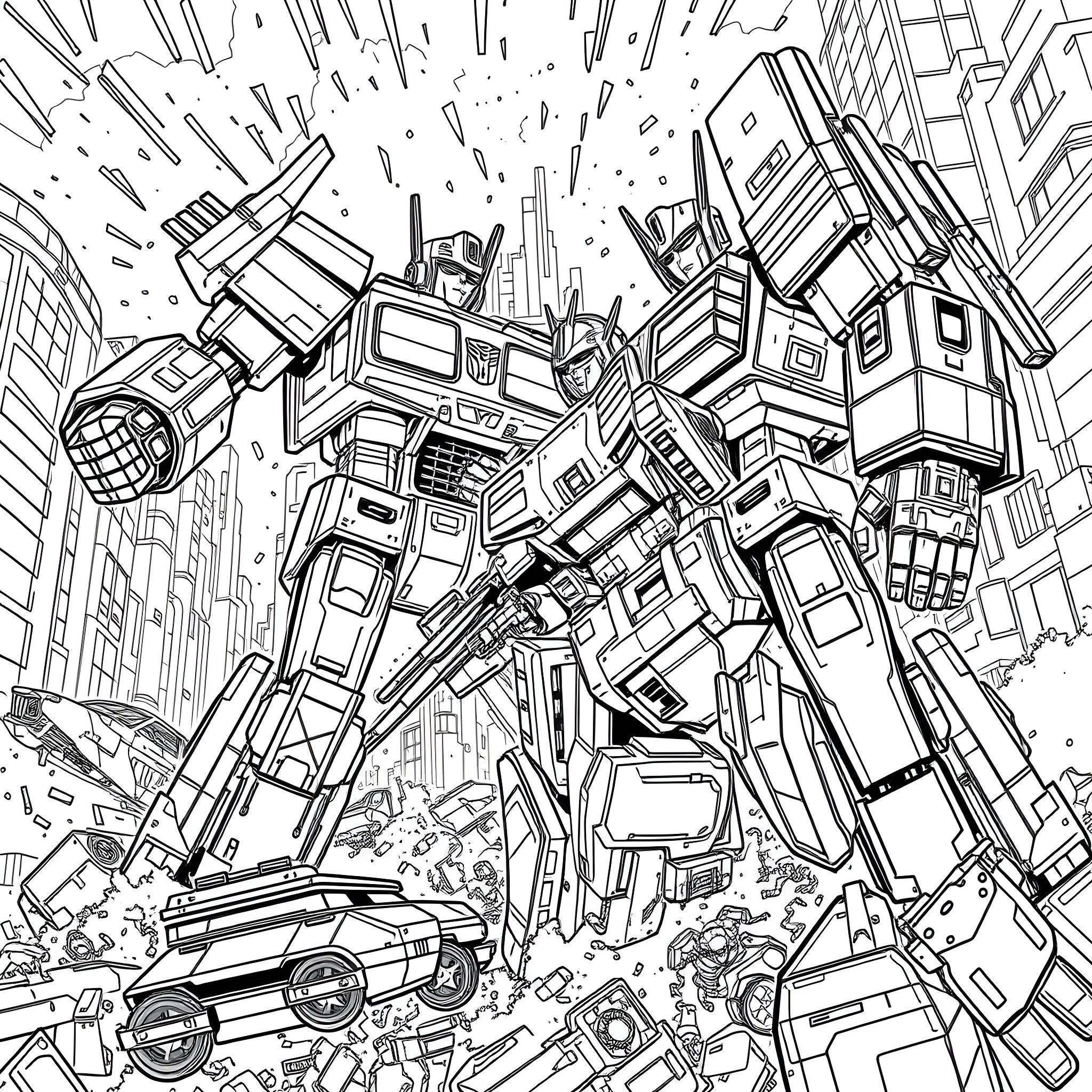 Transformer Mech Unleashes Destructive Power in the City Coloring Page (free black-and-white line drawing printable PDF for all, from beginners to advanced learners, including children, teens, adults, and seniors)