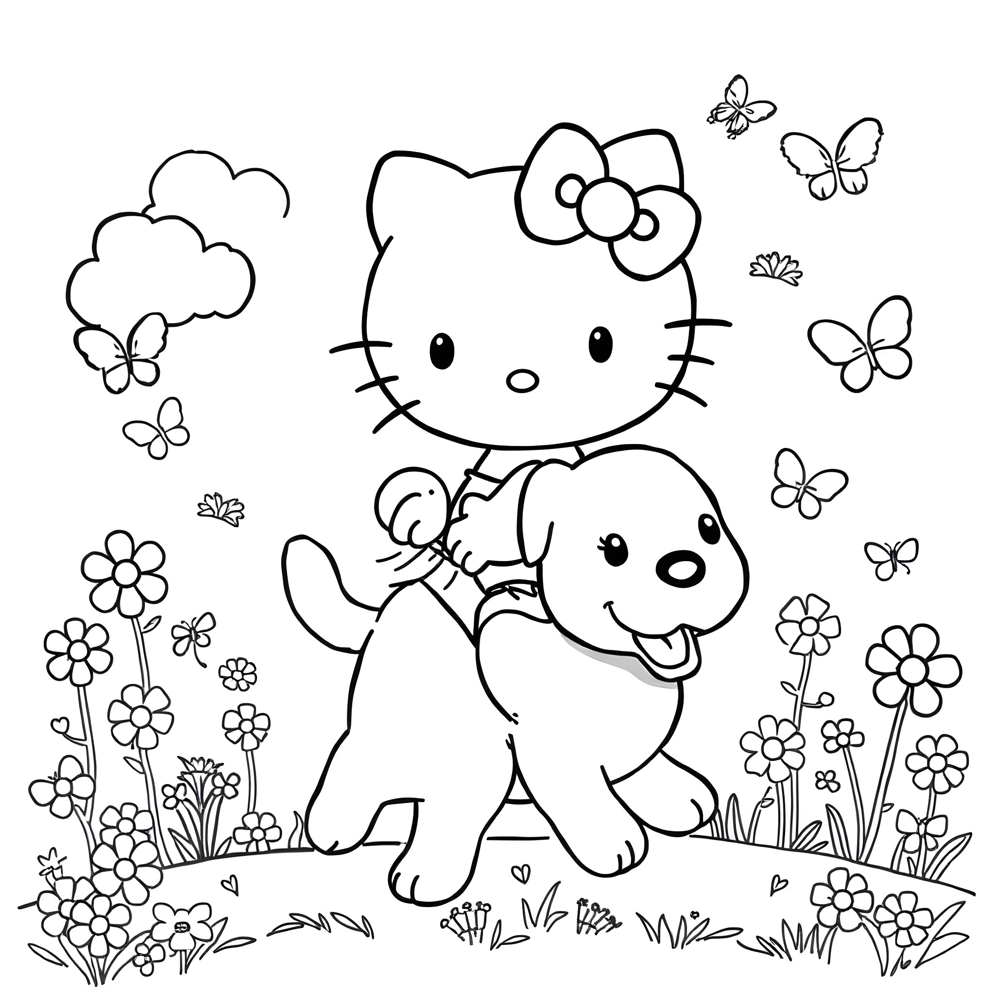 Hello Kitty playing with a puppy in a floral meadow Coloring Page (free black-and-white line drawing printable PDF for all, from beginners to advanced learners, including children, teens, adults, and seniors)