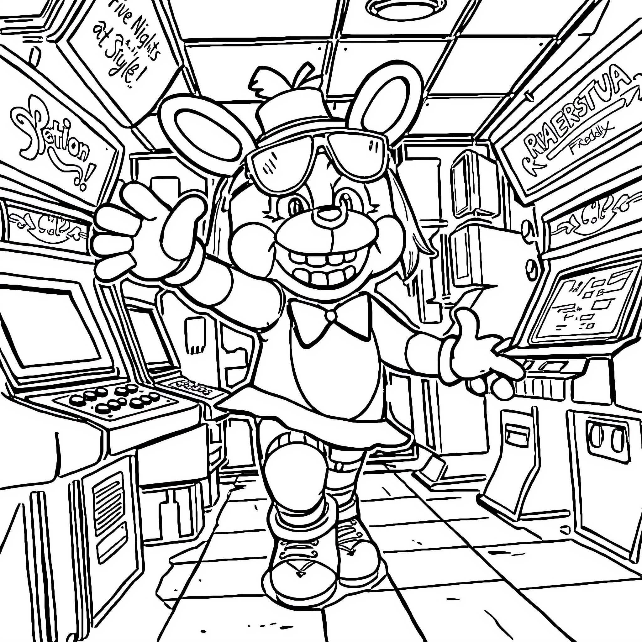 Chica's Arcade Adventure Coloring Page (free black-and-white line drawing printable PDF for all, from beginners to advanced learners, including children, teens, adults, and seniors)