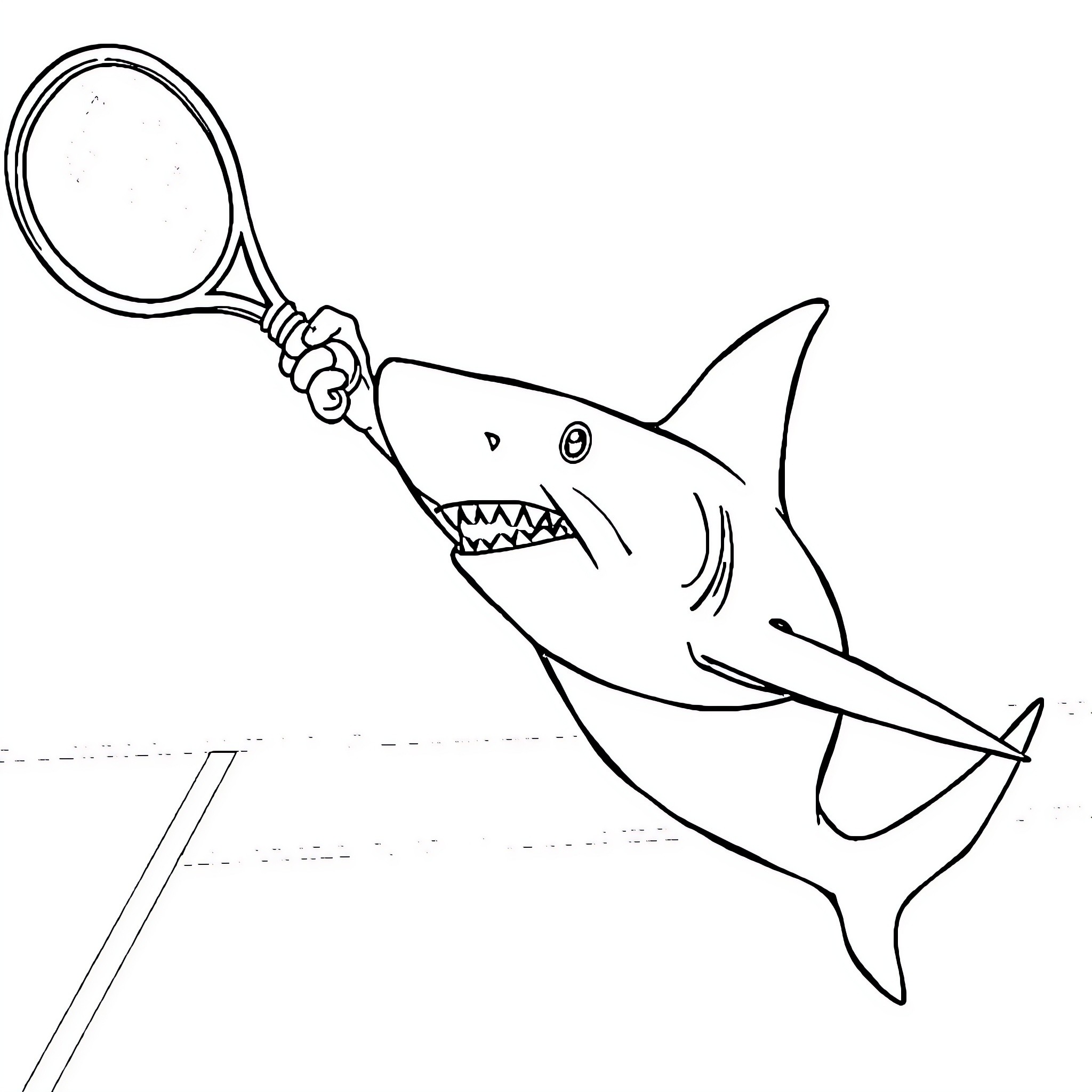 Shark playing with tennis racket Coloring Page (free black-and-white line drawing printable PDF for all, from beginners to advanced learners, including children, teens, adults, and seniors)