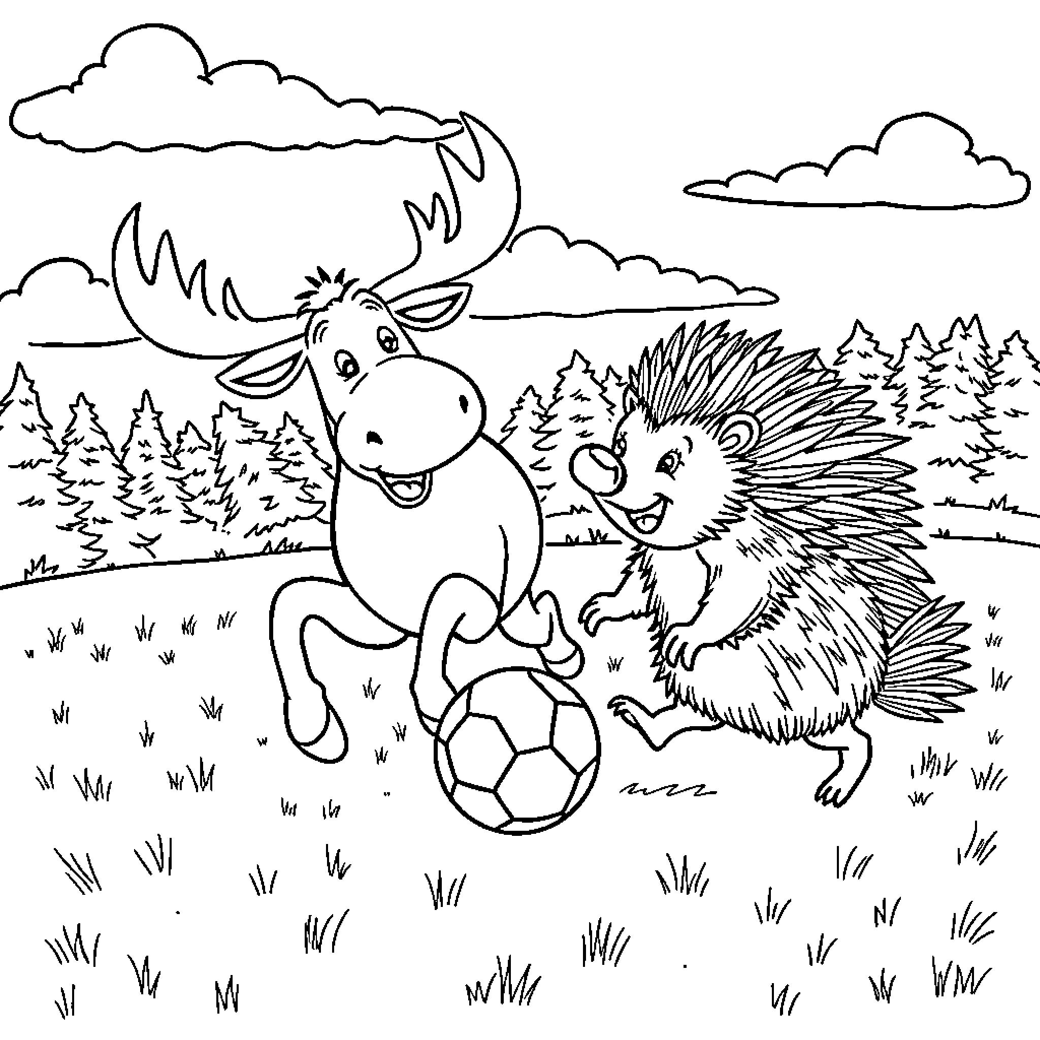 Moose and hedgehog playing with soccer ball in forest Coloring Page (free black-and-white line drawing printable PDF for all, from beginners to advanced learners, including children, teens, adults, and seniors)