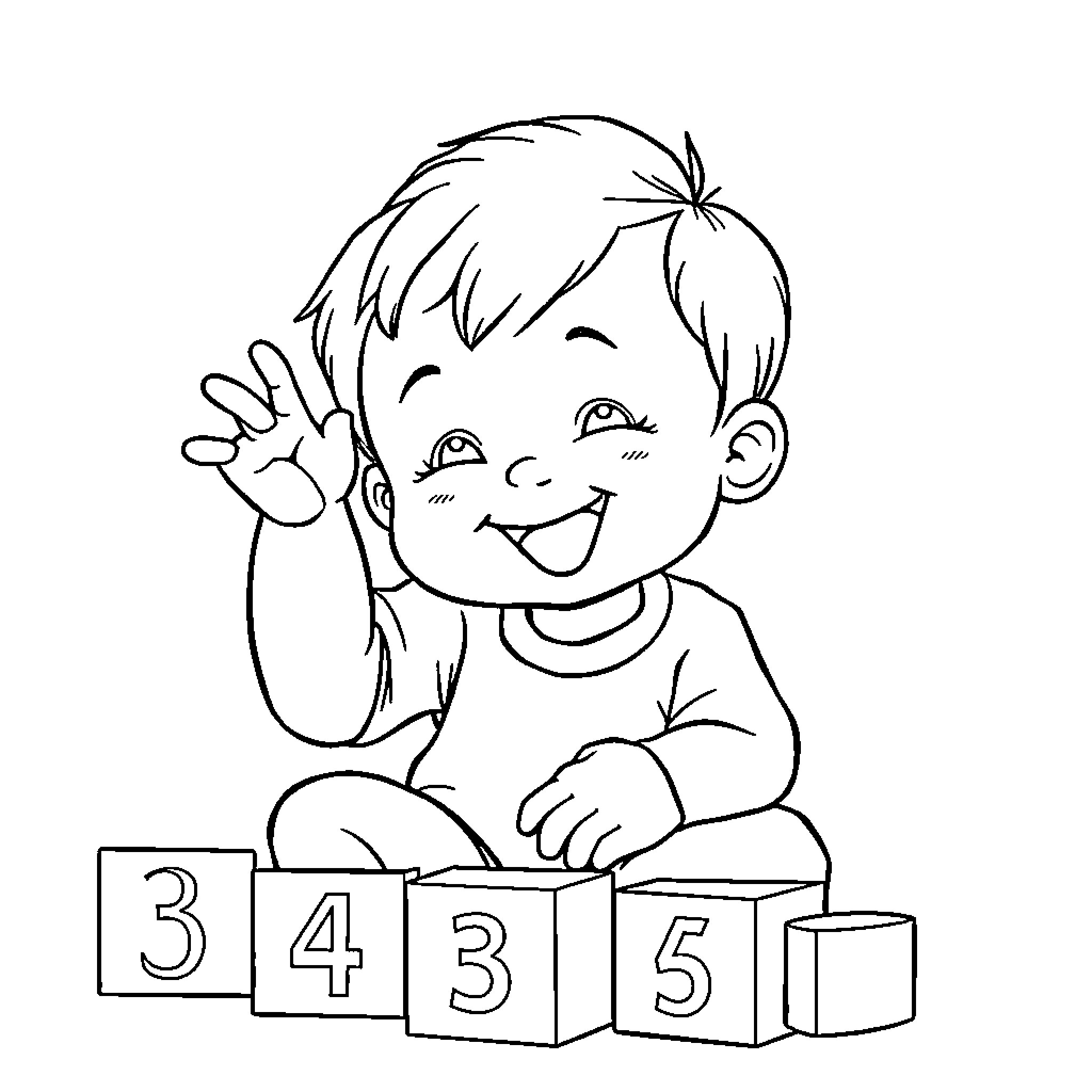 Number Boy Happily Playing with Number Blocks Coloring Page (free black-and-white line drawing printable PDF for all, from beginners to advanced learners, including children, teens, adults, and seniors)