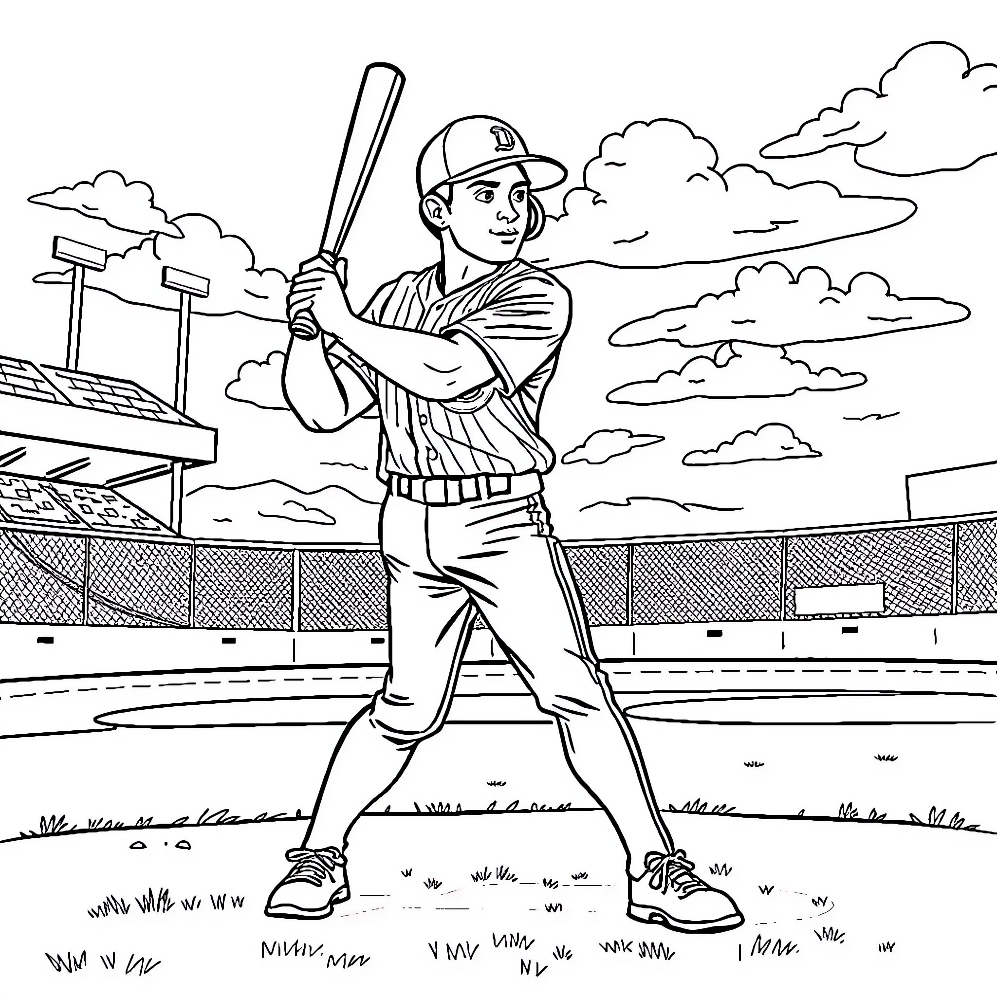 Duarte the Baseball Player at the Stadium Coloring Page (free black-and-white line drawing printable PDF for all, from beginners to advanced learners, including children, teens, adults, and seniors)