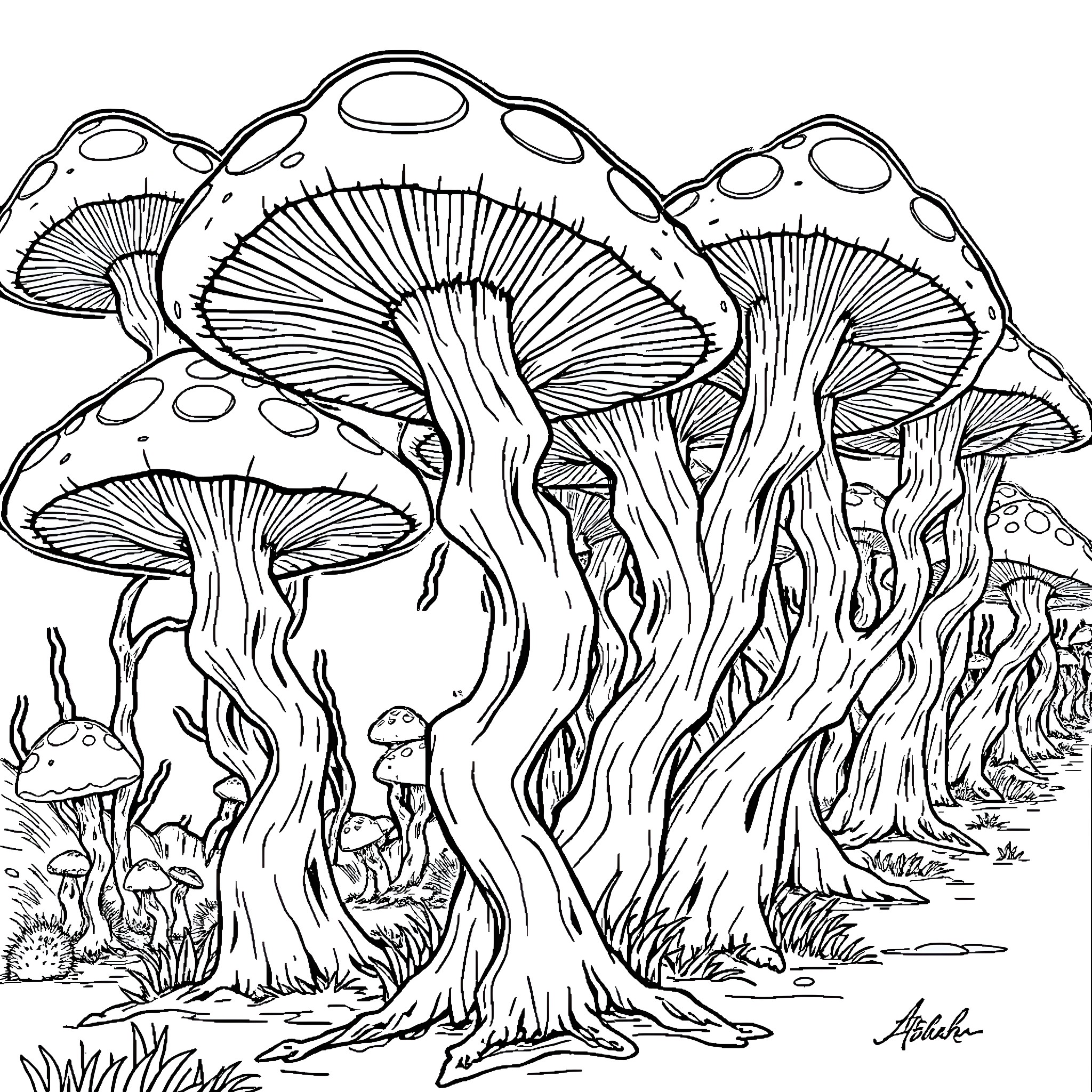 Mushroom forest with whimsical fungi Coloring Page (free black-and-white line drawing printable PDF for all, from beginners to advanced learners, including children, teens, adults, and seniors)