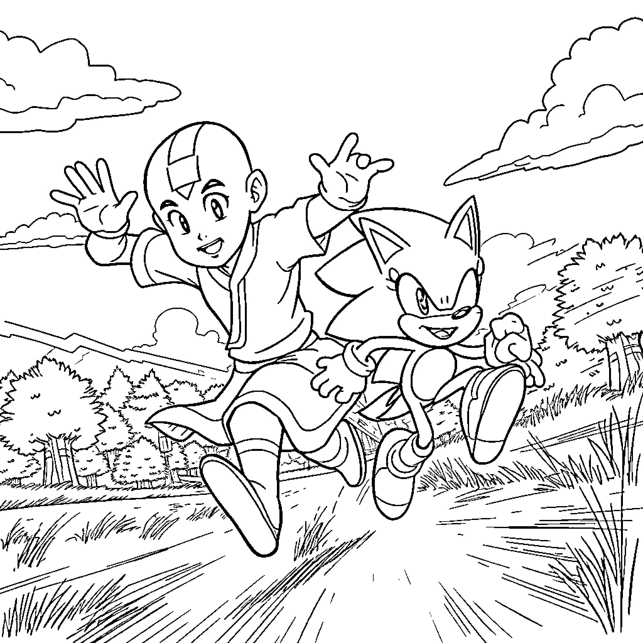 Avatar characters running and playing in nature Coloring Page (free black-and-white line drawing printable PDF for all, from beginners to advanced learners, including children, teens, adults, and seniors)