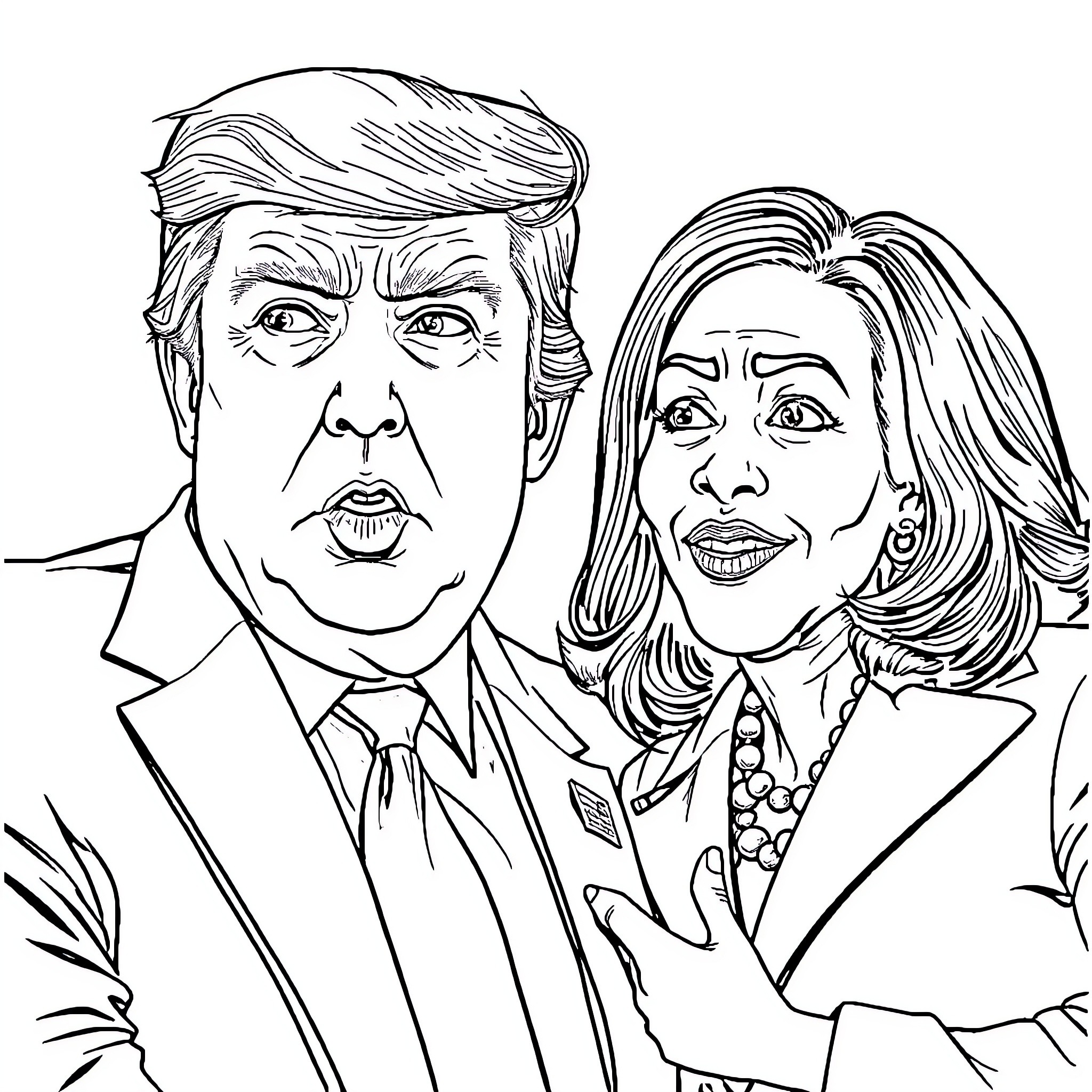Donald Trump and Hillary Clinton in a contentious political exchange Coloring Page (free black-and-white line drawing printable PDF for all, from beginners to advanced learners, including children, teens, adults, and seniors)