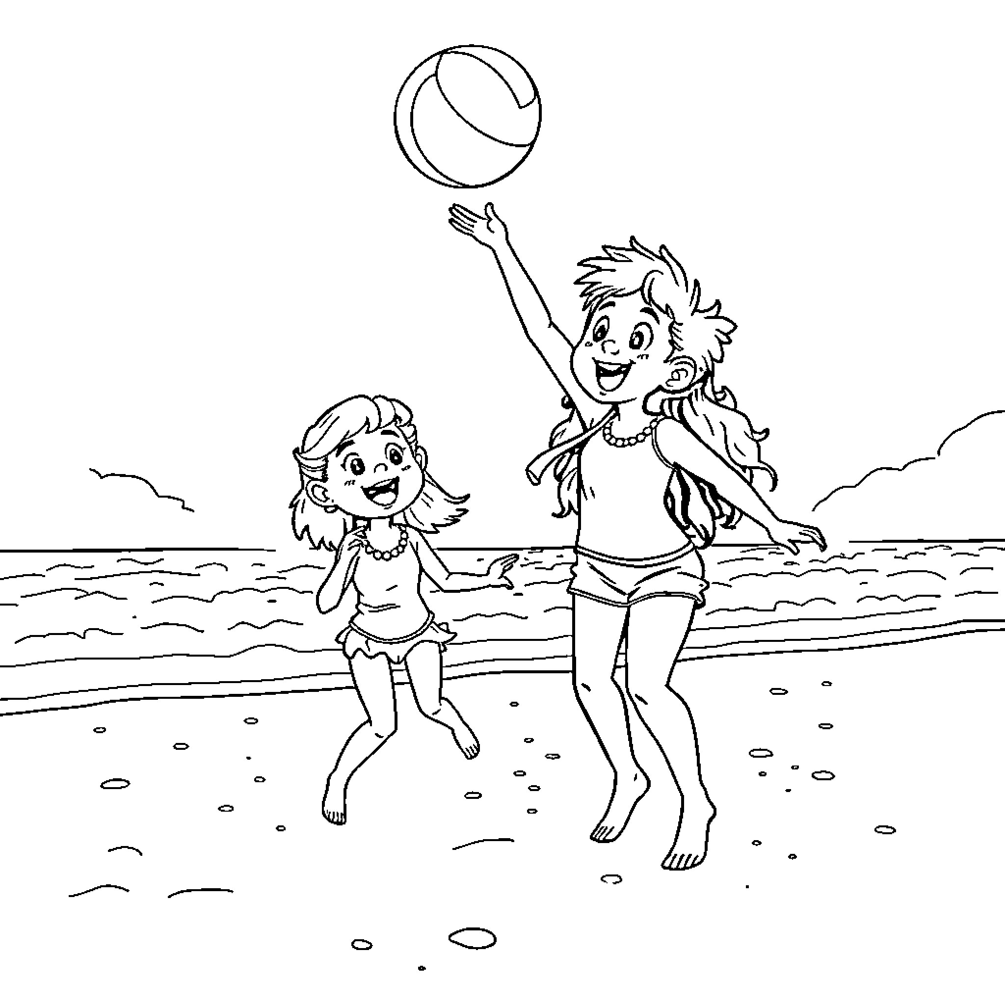 Rumi playing joyfully with friend on the beach Coloring Page (free black-and-white line drawing printable PDF for all, from beginners to advanced learners, including children, teens, adults, and seniors)