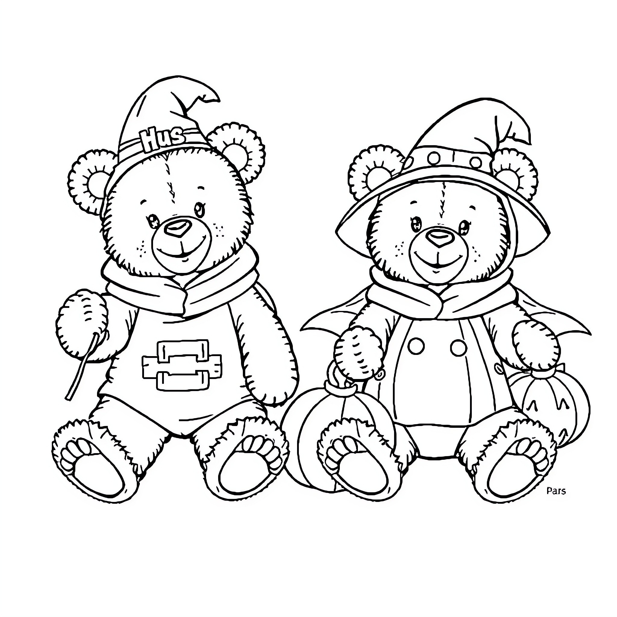 Teddy Bears in Cute Outfits Coloring Page (free black-and-white line drawing printable PDF for all, from beginners to advanced learners, including children, teens, adults, and seniors)