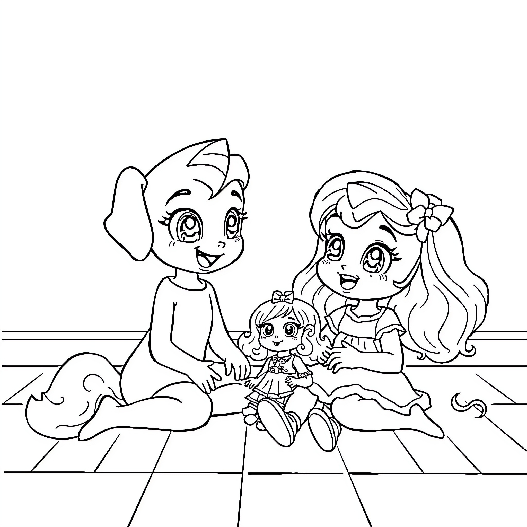 Bluey's Family Playtime on Colorful Floor Coloring Page (free black-and-white line drawing printable PDF for all, from beginners to advanced learners, including children, teens, adults, and seniors)