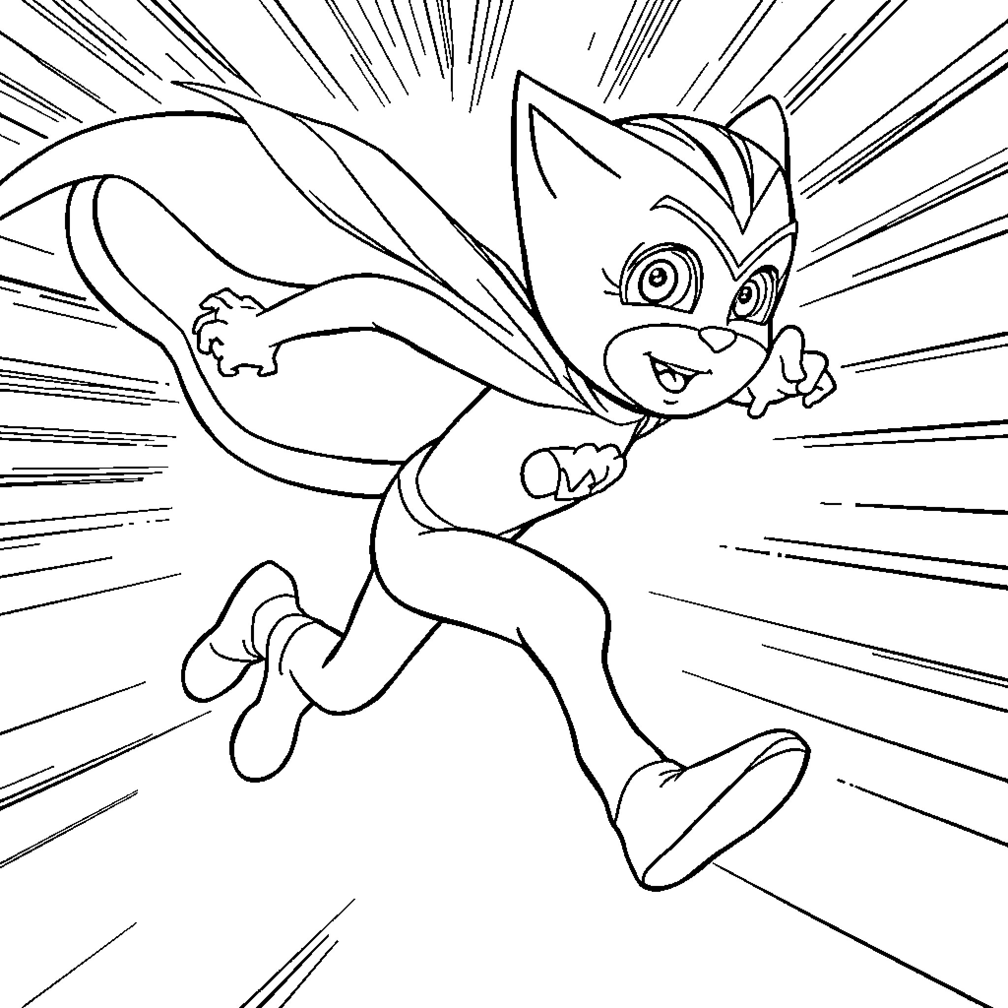 Cat superhero in action Coloring Page (free black-and-white line drawing printable PDF for all, from beginners to advanced learners, including children, teens, adults, and seniors)