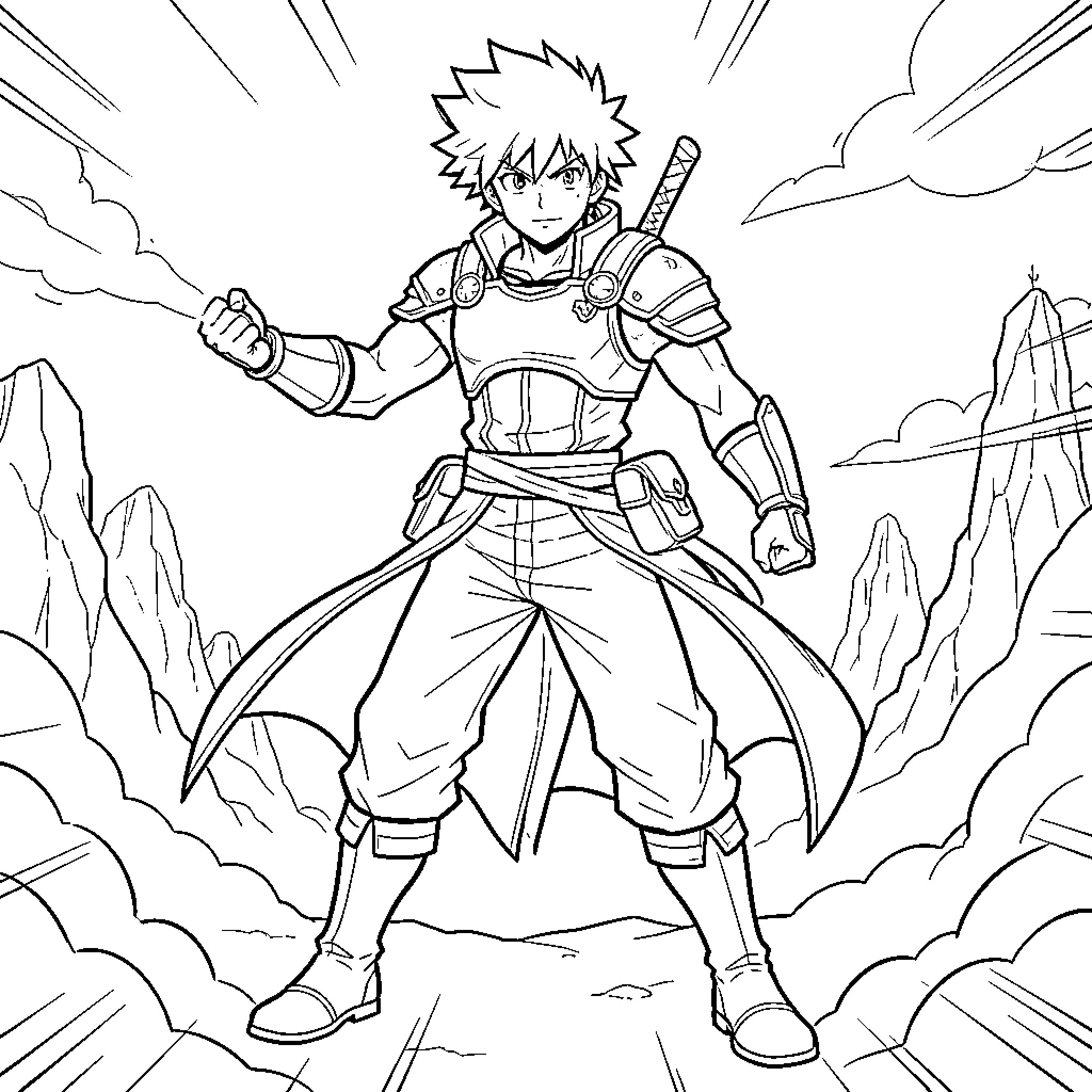Senku standing heroically with a sword on his back Coloring Page (free black-and-white line drawing printable PDF for all, from beginners to advanced learners, including children, teens, adults, and seniors)