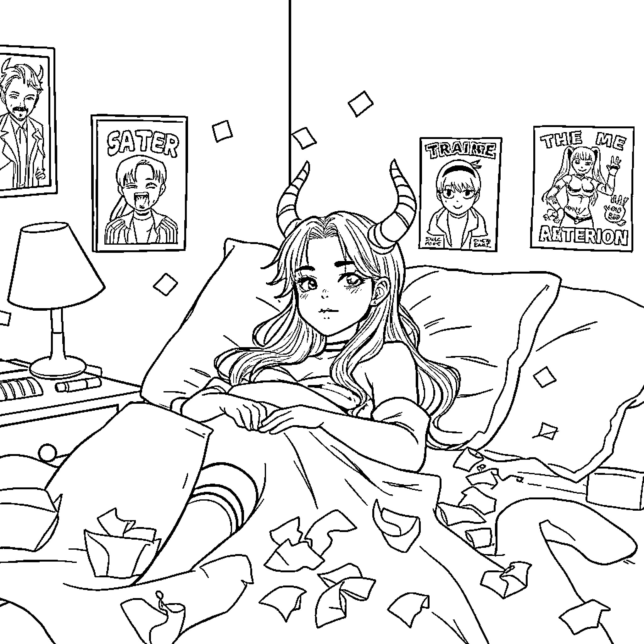 Zoey relaxing in her messy room with artwork Coloring Page (free black-and-white line drawing printable PDF for all, from beginners to advanced learners, including children, teens, adults, and seniors)