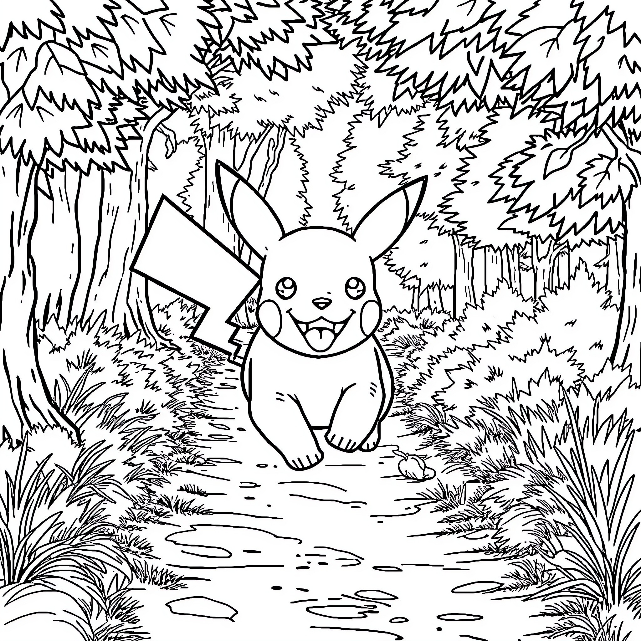 Pikachu exploring the whimsical forest Coloring Page (free black-and-white line drawing printable PDF for all, from beginners to advanced learners, including children, teens, adults, and seniors)