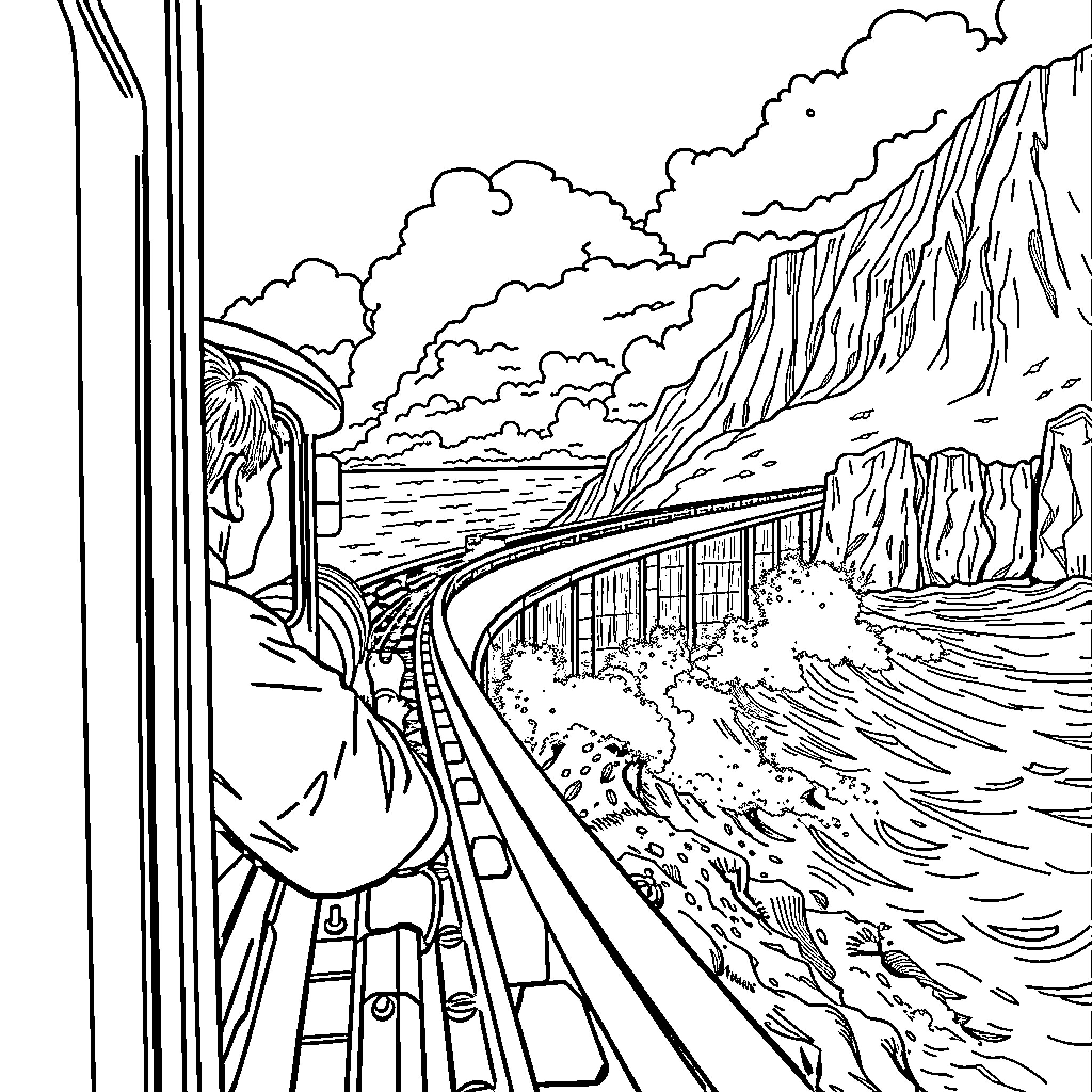 Train through dramatic mountain landscape Coloring Page (free black-and-white line drawing printable PDF for all, from beginners to advanced learners, including children, teens, adults, and seniors)