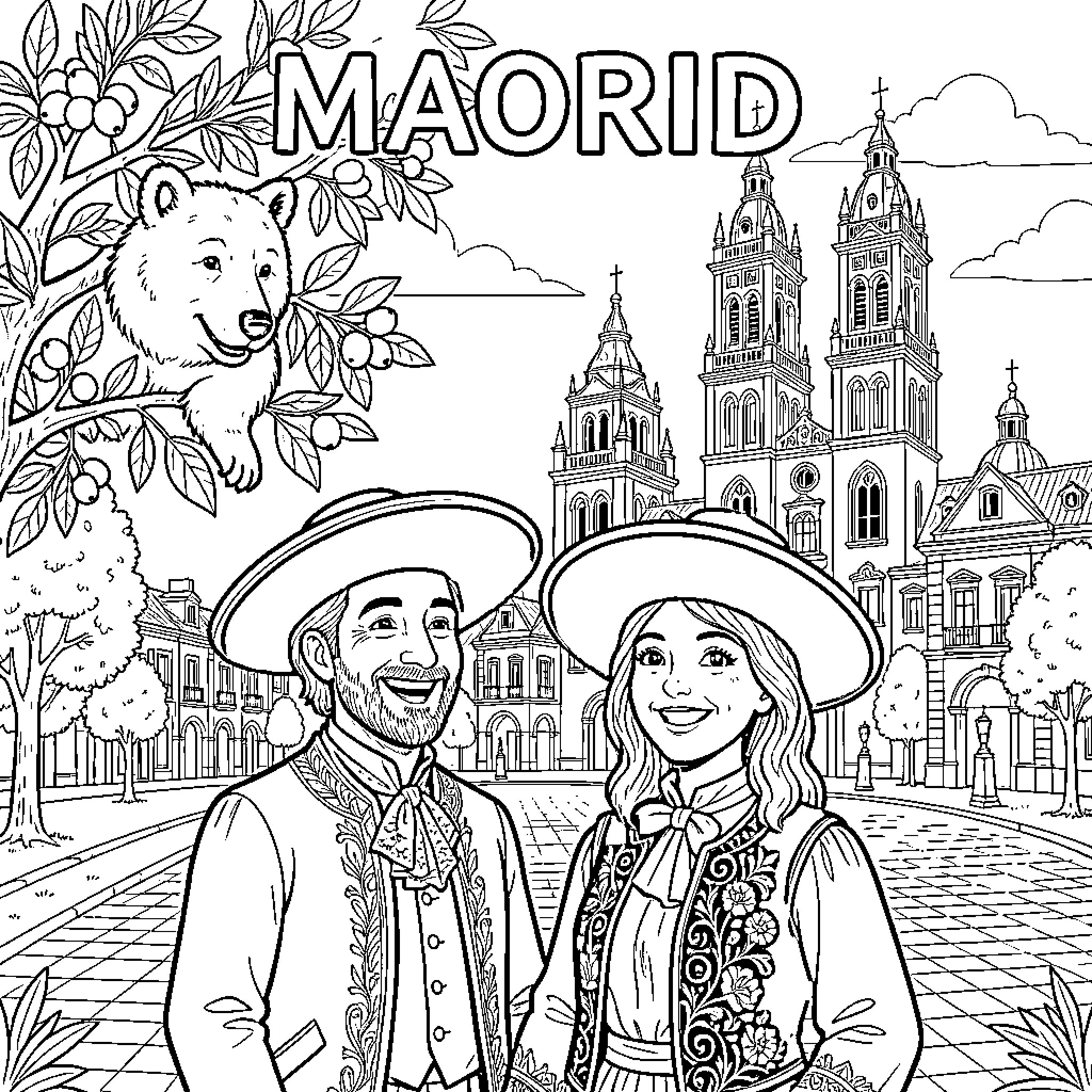 Madrid: Festive Celebration with Traditional Attire Coloring Page (free black-and-white line drawing printable PDF for all, from beginners to advanced learners, including children, teens, adults, and seniors)