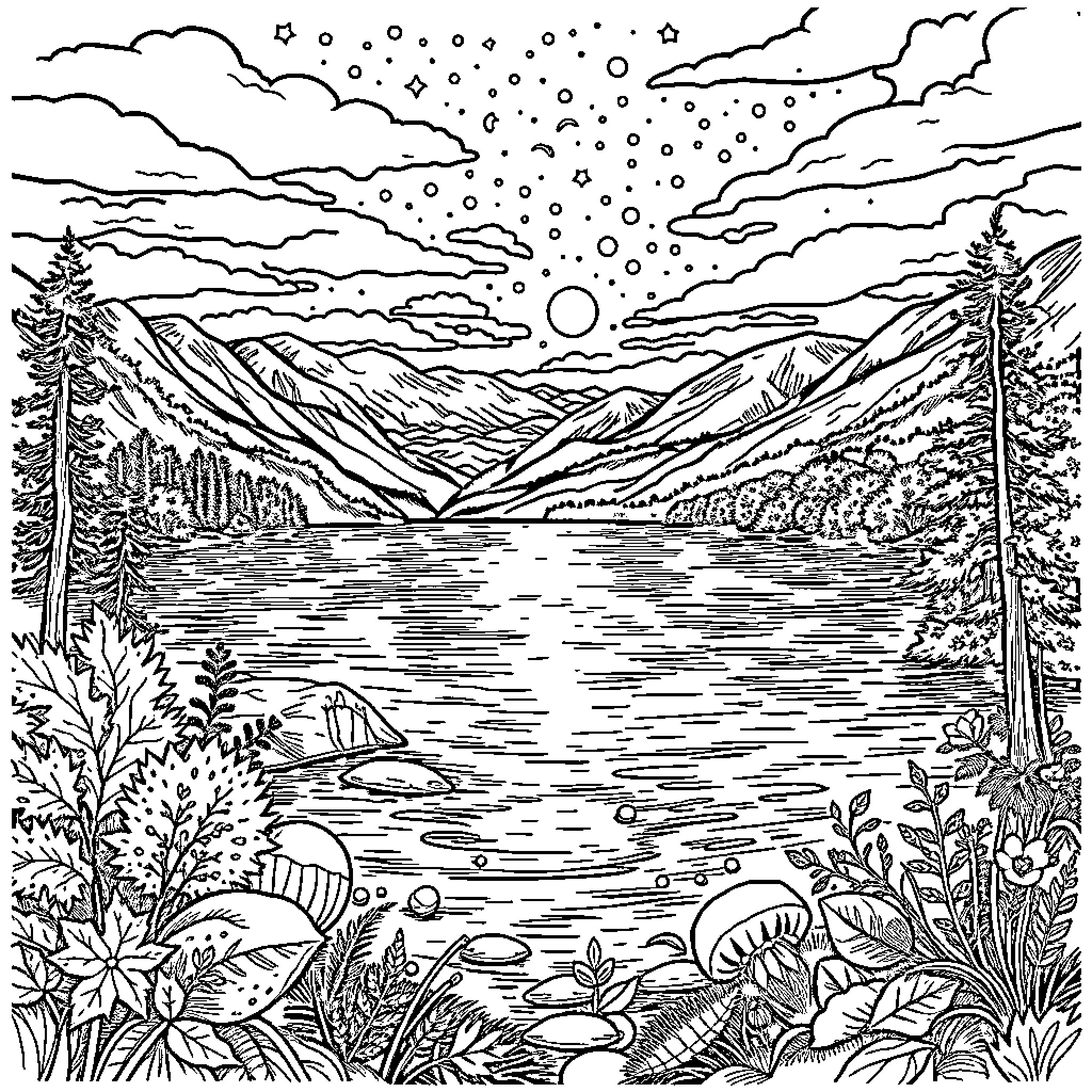 Nature's Serene Landscape of Lakes and Mountains Coloring Page (free black-and-white line drawing printable PDF for all, from beginners to advanced learners, including children, teens, adults, and seniors)