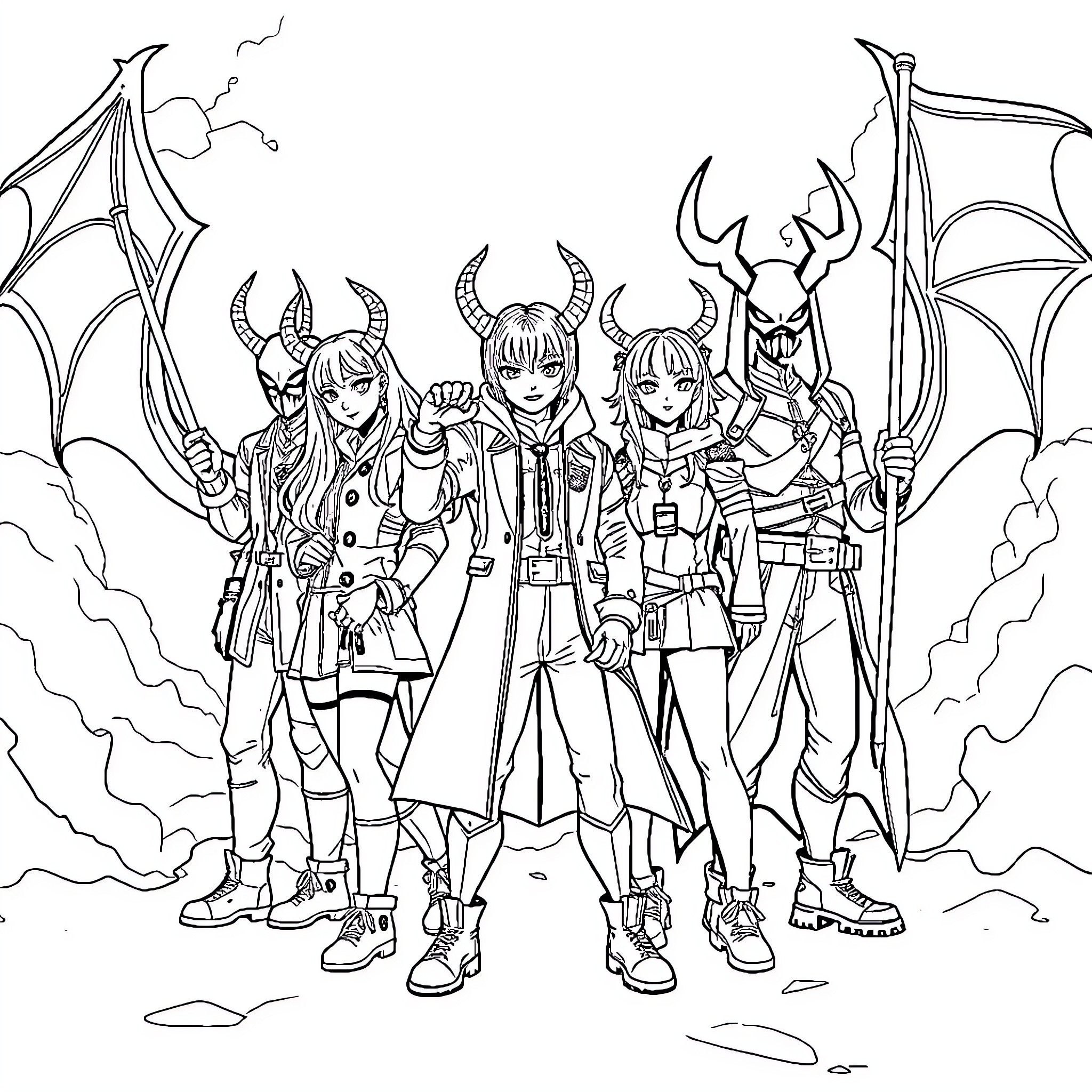 Kpop Demon Hunter Squad in Fierce Pose Coloring Page (free black-and-white line drawing printable PDF for all, from beginners to advanced learners, including children, teens, adults, and seniors)