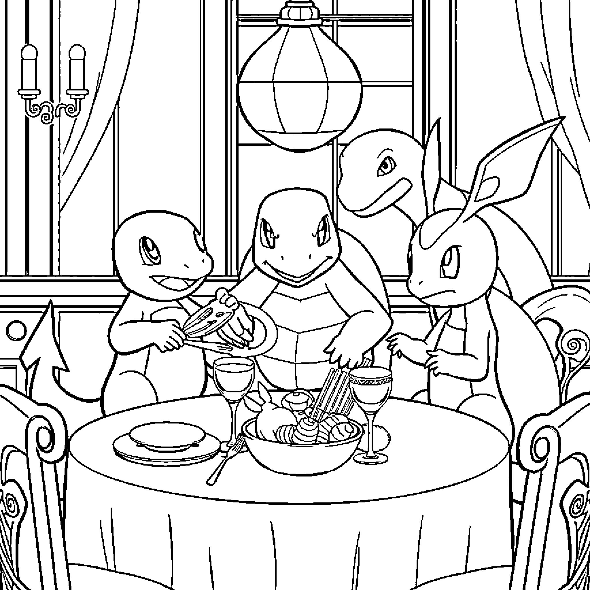 Charmander and friends enjoying a festive meal together Coloring Page (free black-and-white line drawing printable PDF for all, from beginners to advanced learners, including children, teens, adults, and seniors)
