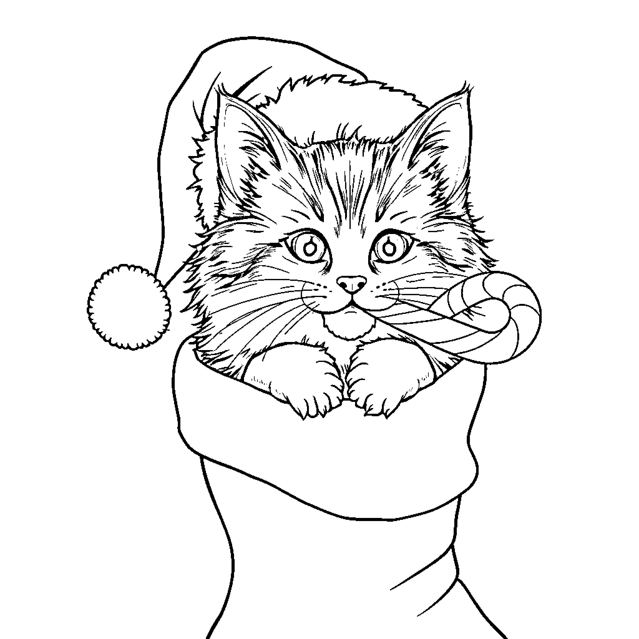 Cat in a festive outfit Coloring Page (free black-and-white line drawing printable PDF for all, from beginners to advanced learners, including children, teens, adults, and seniors)