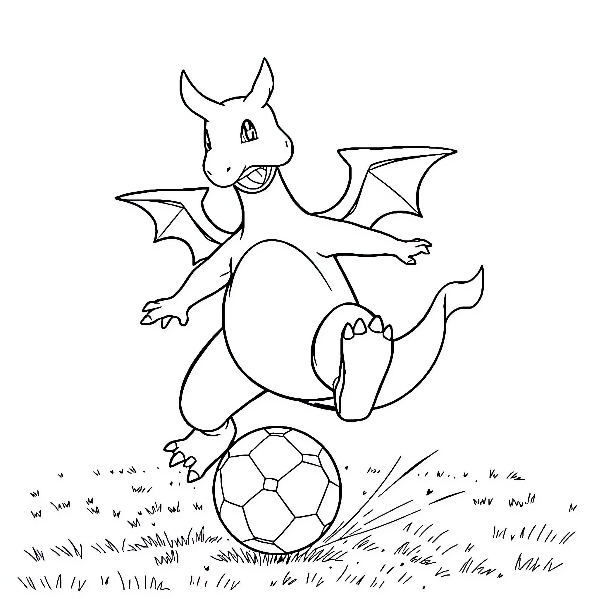 Charizard playing soccer on a grassy field Coloring Page (free black-and-white line drawing printable PDF for all, from beginners to advanced learners, including children, teens, adults, and seniors)