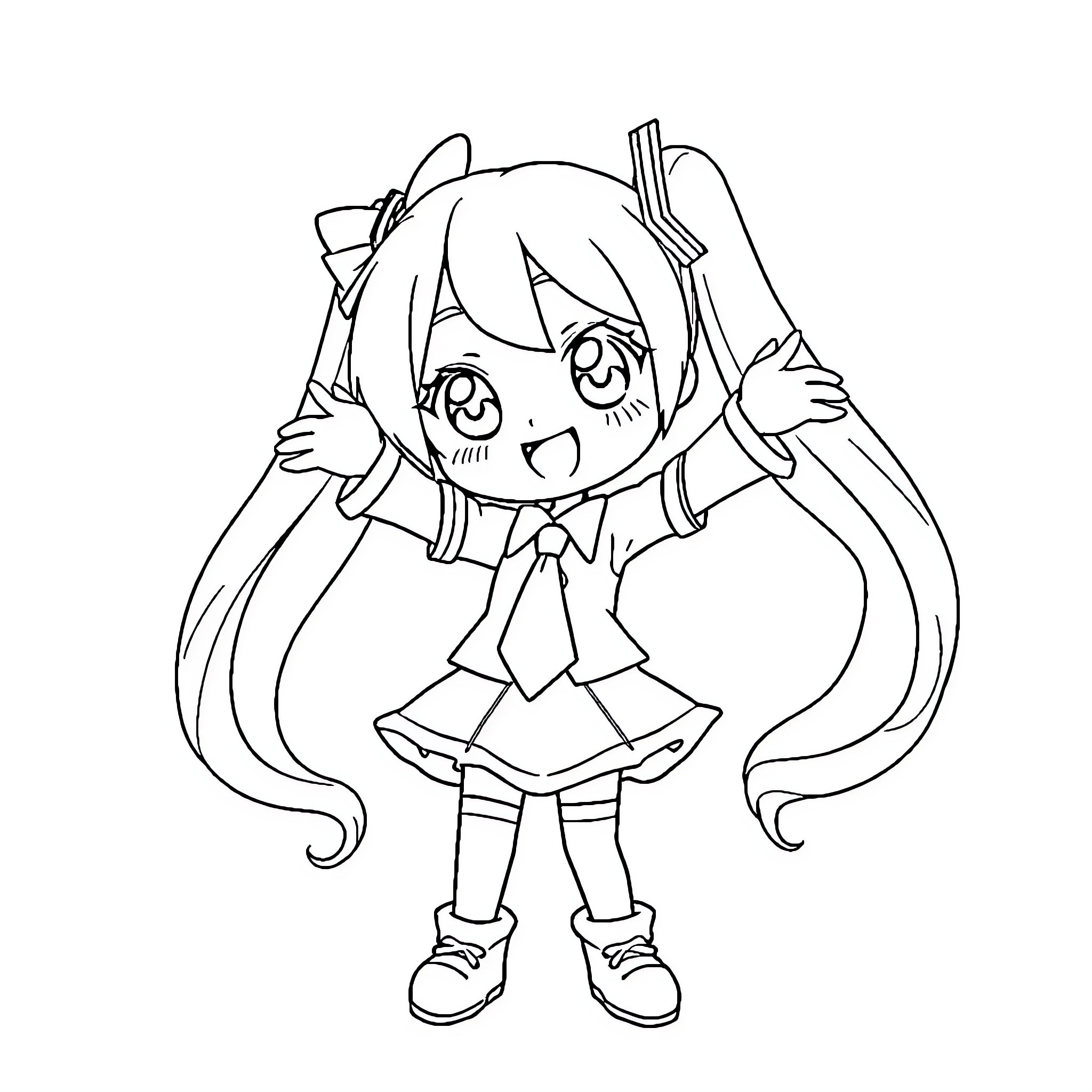 Miku's Cheerful Anime-Style Pose Coloring Page (free black-and-white line drawing printable PDF for all, from beginners to advanced learners, including children, teens, adults, and seniors)