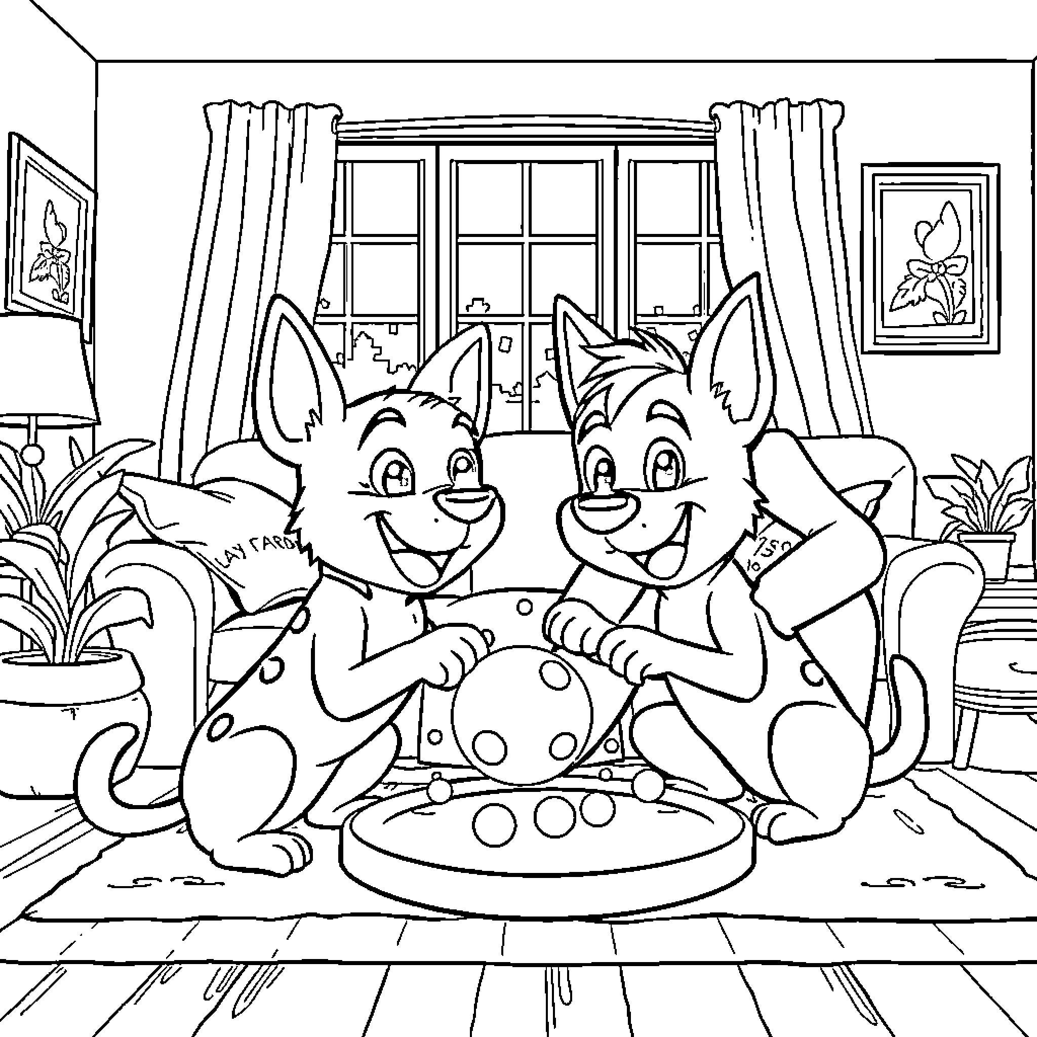 Bluey and Bingo playing a game in the living room Coloring Page (free black-and-white line drawing printable PDF for all, from beginners to advanced learners, including children, teens, adults, and seniors)