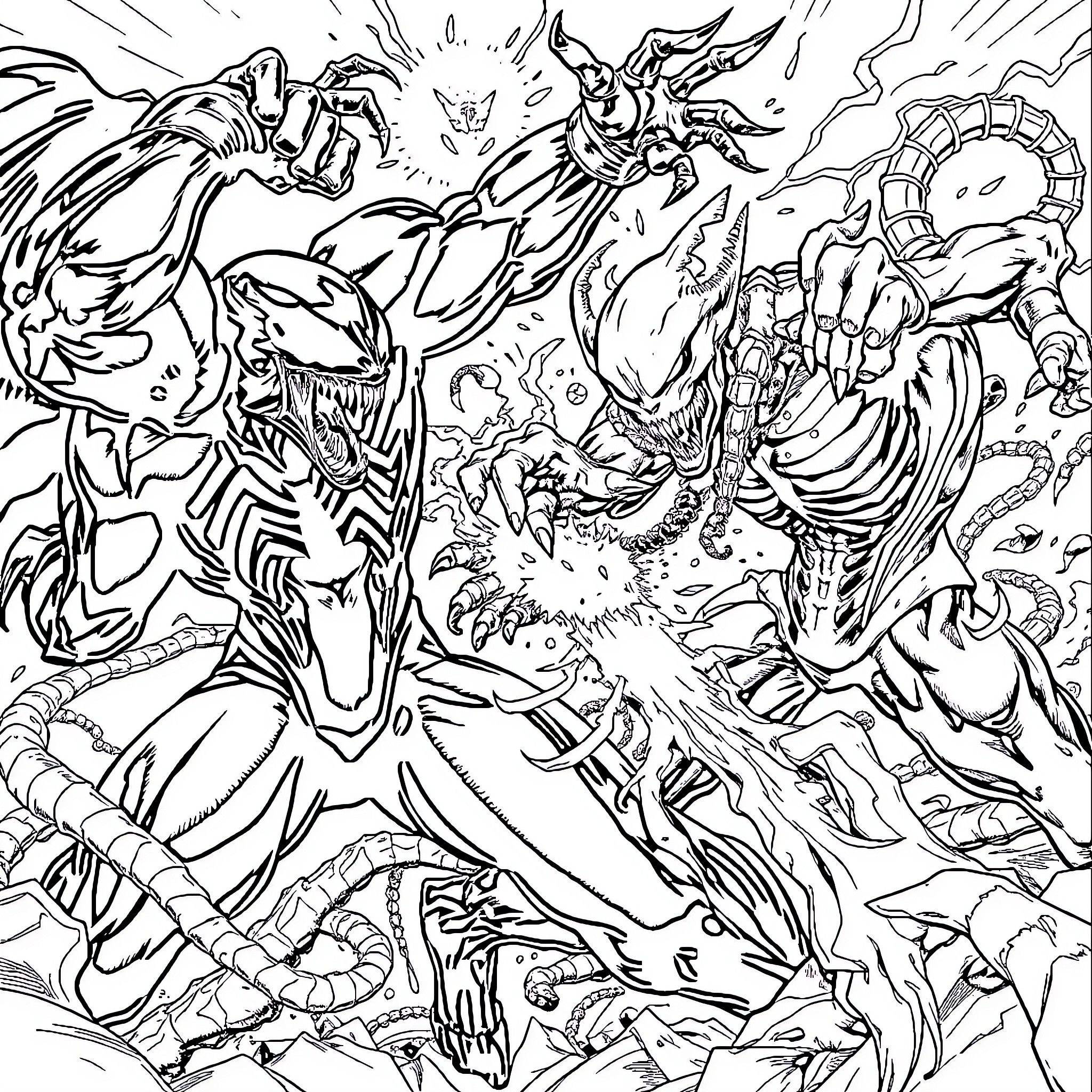 Venom Symbiote Unleashed in Chaotic Battle Coloring Page (free black-and-white line drawing printable PDF for all, from beginners to advanced learners, including children, teens, adults, and seniors)