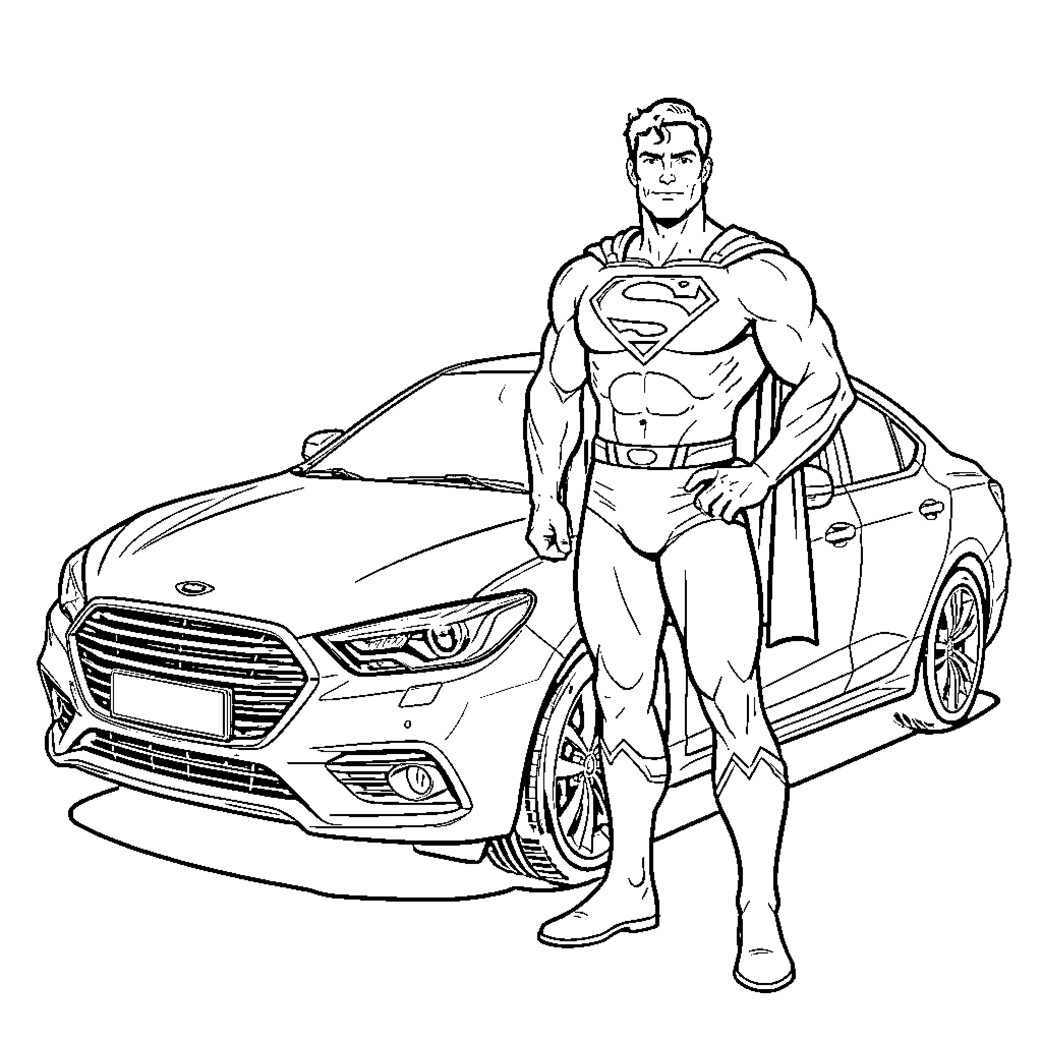 Superman standing confidently next to a sleek car Coloring Page (free black-and-white line drawing printable PDF for all, from beginners to advanced learners, including children, teens, adults, and seniors)