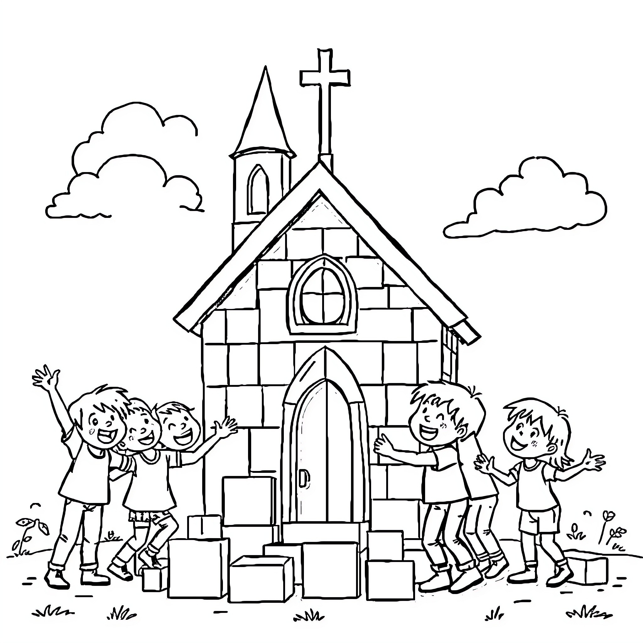 Children playing joyfully near a church Coloring Page (free black-and-white line drawing printable PDF for all, from beginners to advanced learners, including children, teens, adults, and seniors)