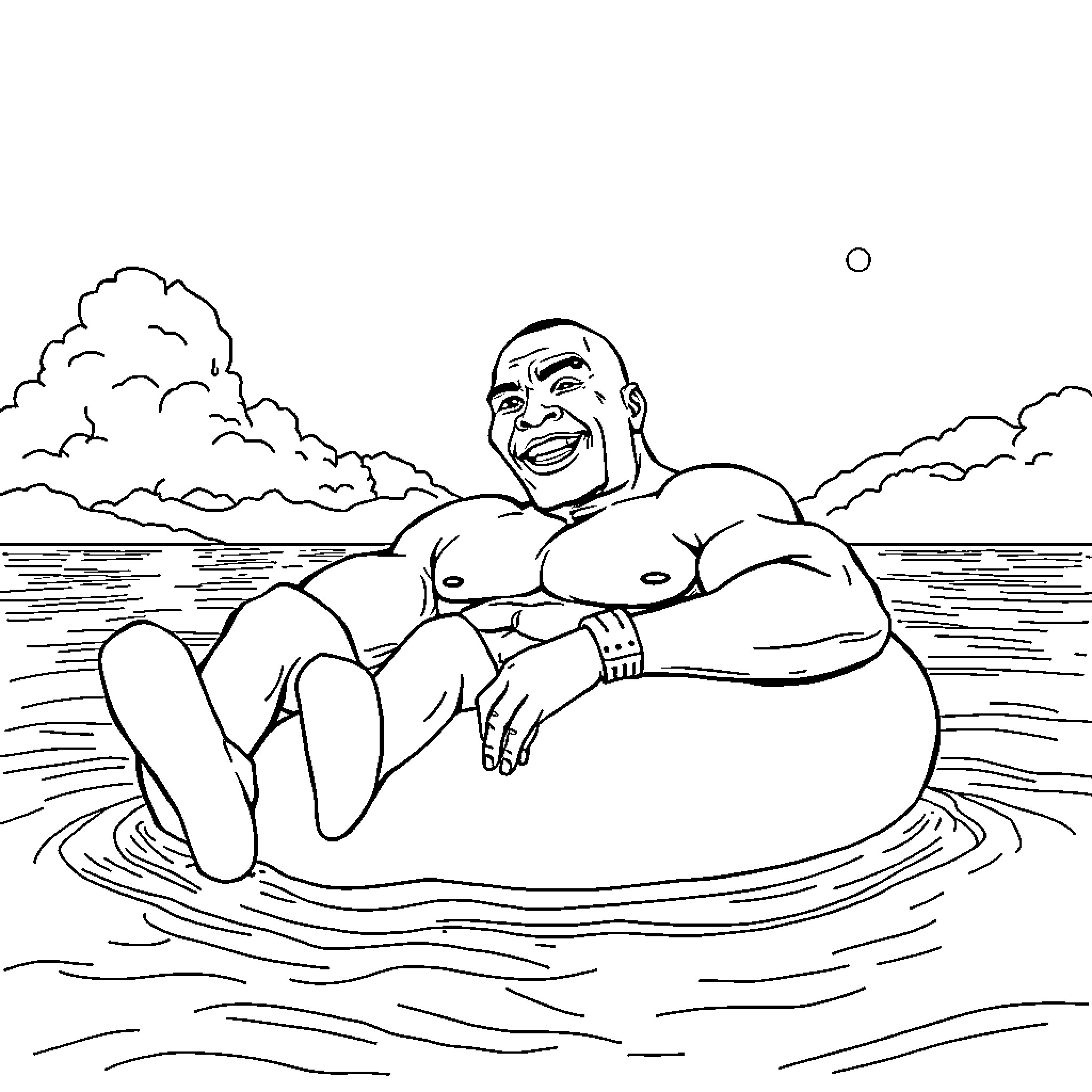 Mike Tyson relaxing in the water Coloring Page (free black-and-white line drawing printable PDF for all, from beginners to advanced learners, including children, teens, adults, and seniors)
