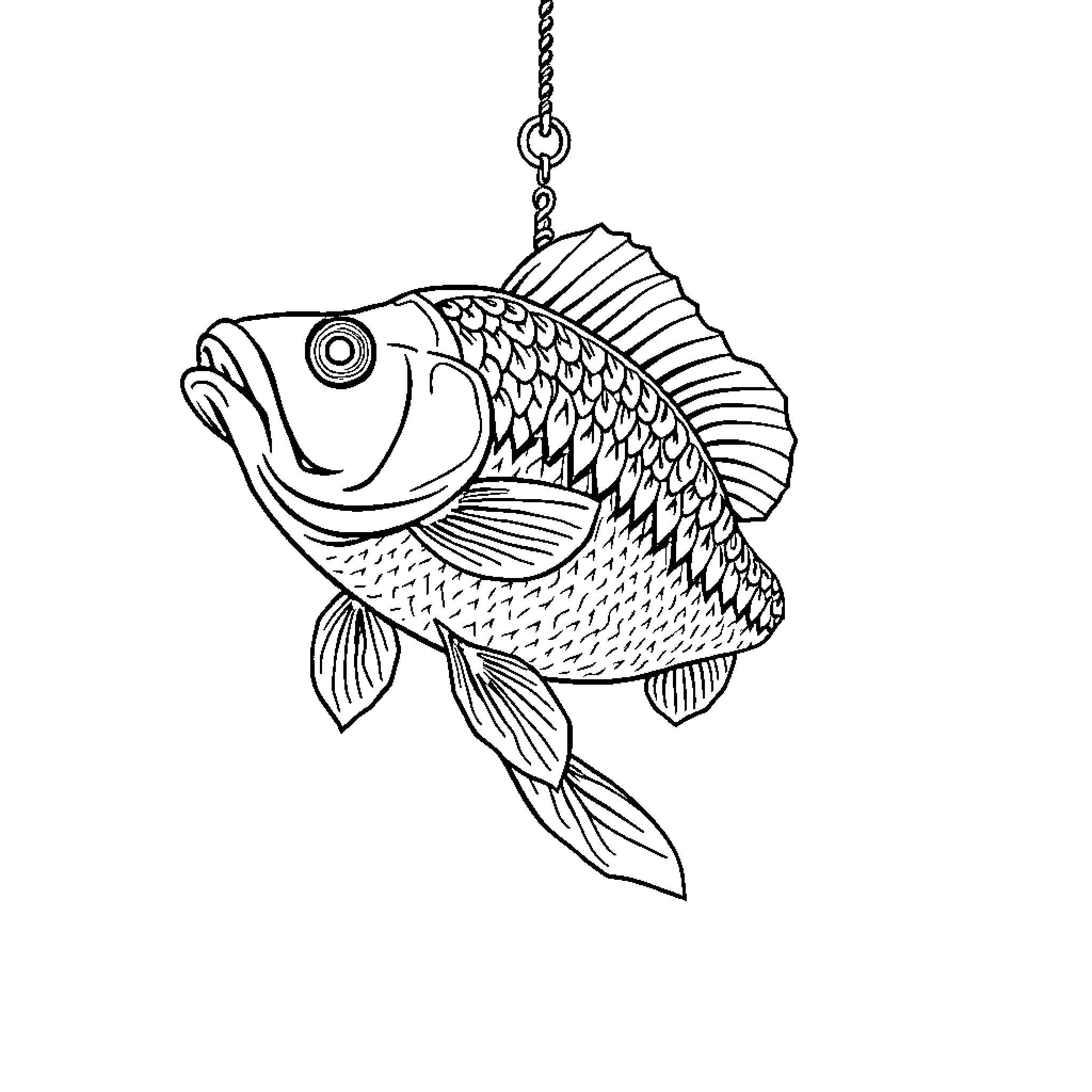 Carp hanging from fishing hook Coloring Page (free black-and-white line drawing printable PDF for all, from beginners to advanced learners, including children, teens, adults, and seniors)
