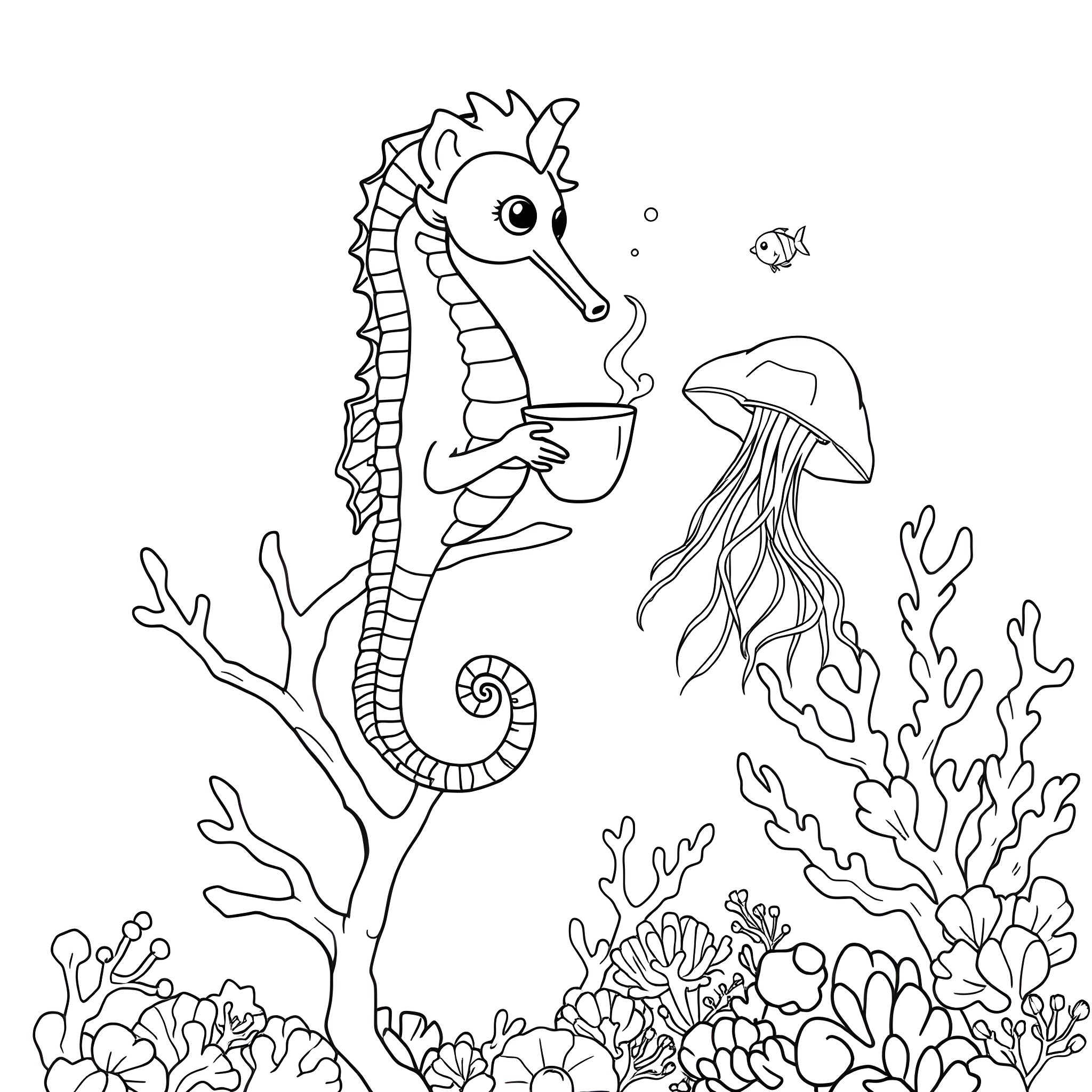 Seahorse playing with jellyfish in the underwater garden Coloring Page (free black-and-white line drawing printable PDF for all, from beginners to advanced learners, including children, teens, adults, and seniors)