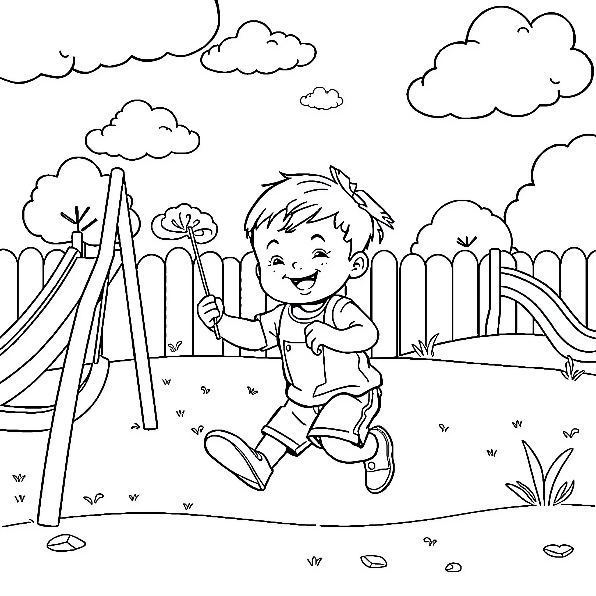 Child enjoying playground equipment in nature setting Coloring Page (free black-and-white line drawing printable PDF for all, from beginners to advanced learners, including children, teens, adults, and seniors)
