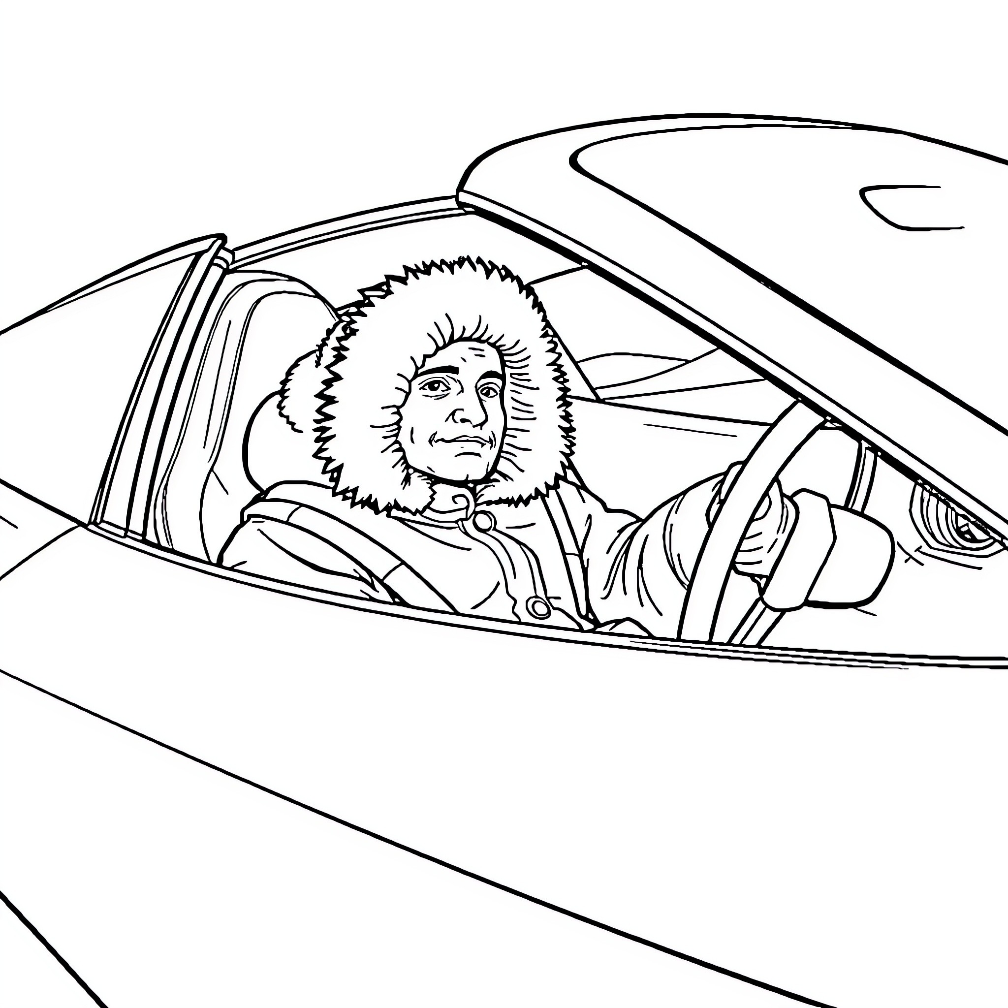 Eskimo driving a vehicle in winter Coloring Page (free black-and-white line drawing printable PDF for all, from beginners to advanced learners, including children, teens, adults, and seniors)
