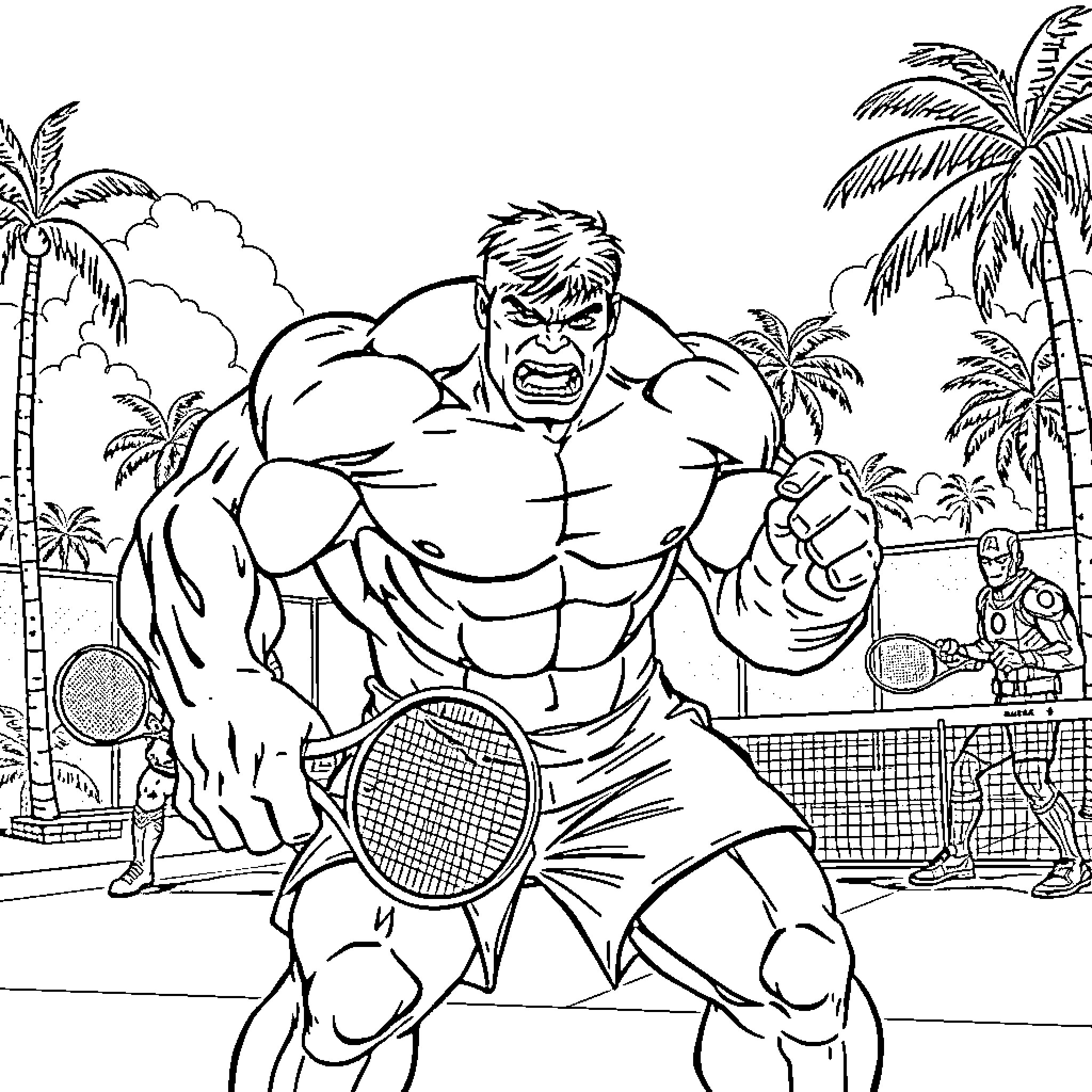 Hulk playing tennis aggressively on beach court Coloring Page (free black-and-white line drawing printable PDF for all, from beginners to advanced learners, including children, teens, adults, and seniors)