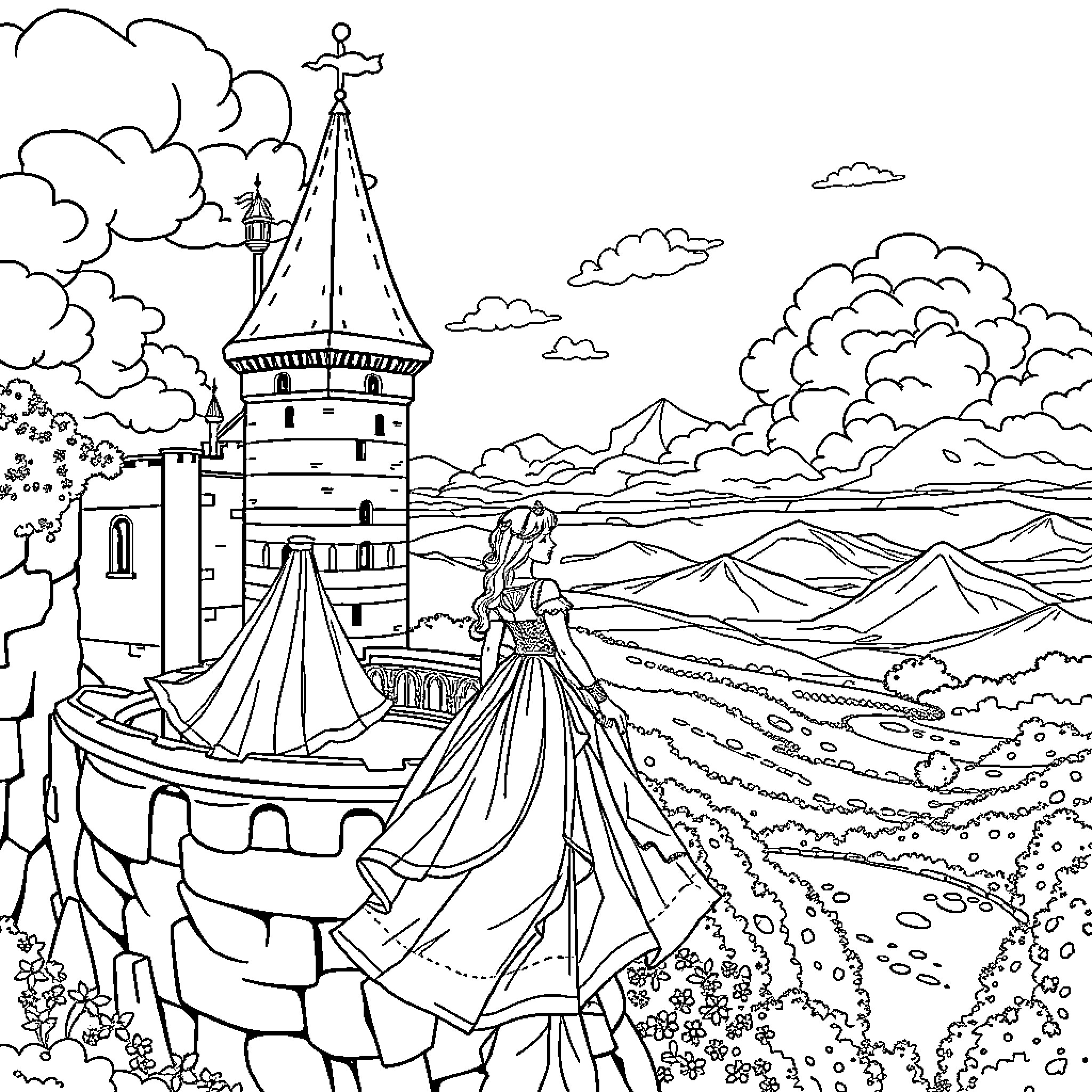 Princess exploring a whimsical castle landscape Coloring Page (free black-and-white line drawing printable PDF for all, from beginners to advanced learners, including children, teens, adults, and seniors)