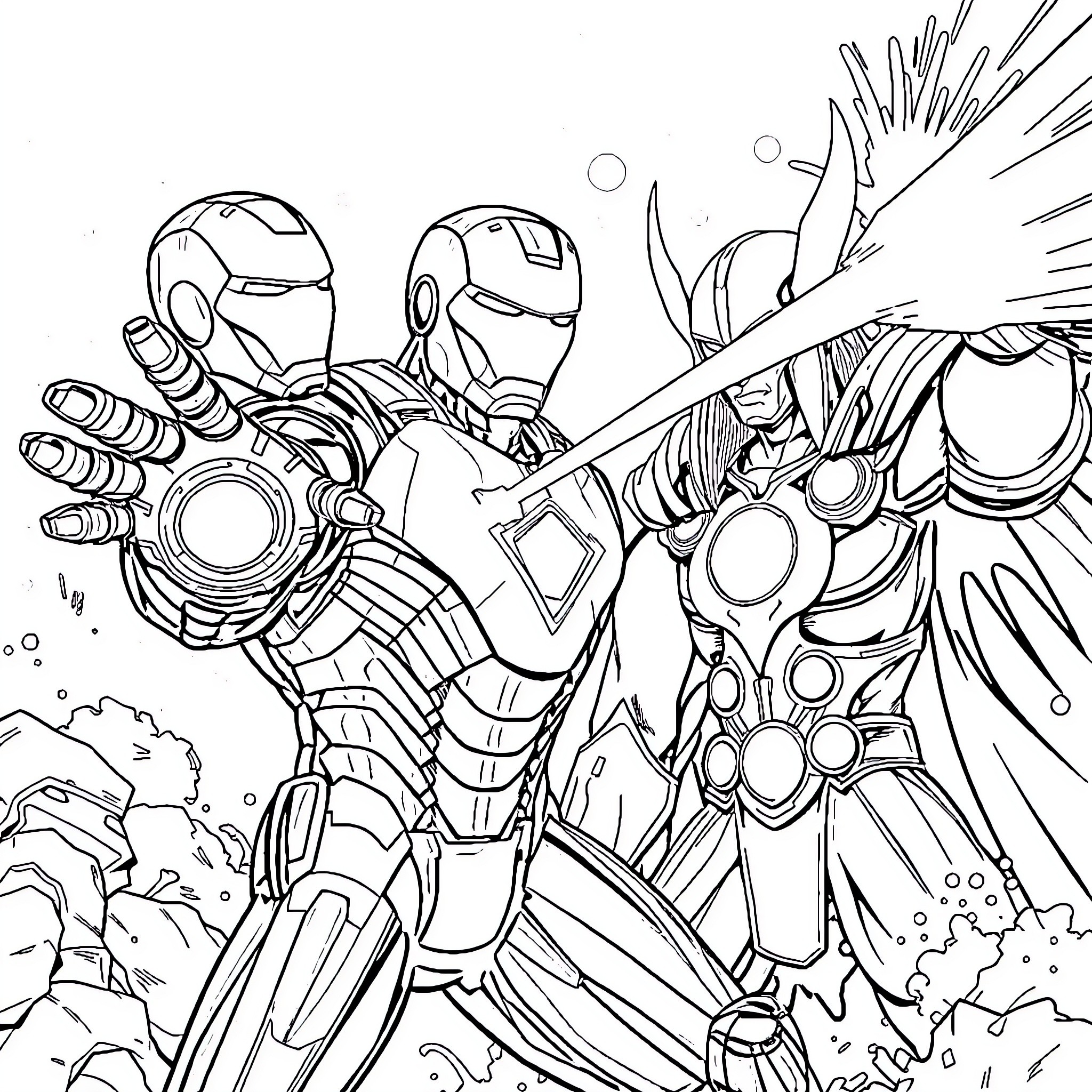 Ironman superhero characters in action-packed scene Coloring Page (free black-and-white line drawing printable PDF for all, from beginners to advanced learners, including children, teens, adults, and seniors)