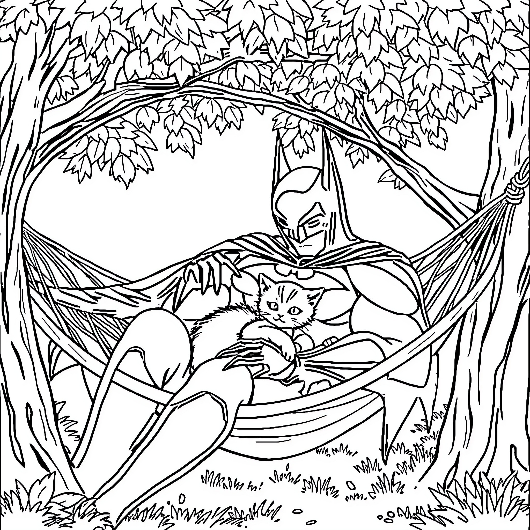 Batman relaxing with a kitten in the forest Coloring Page (free black-and-white line drawing printable PDF for all, from beginners to advanced learners, including children, teens, adults, and seniors)