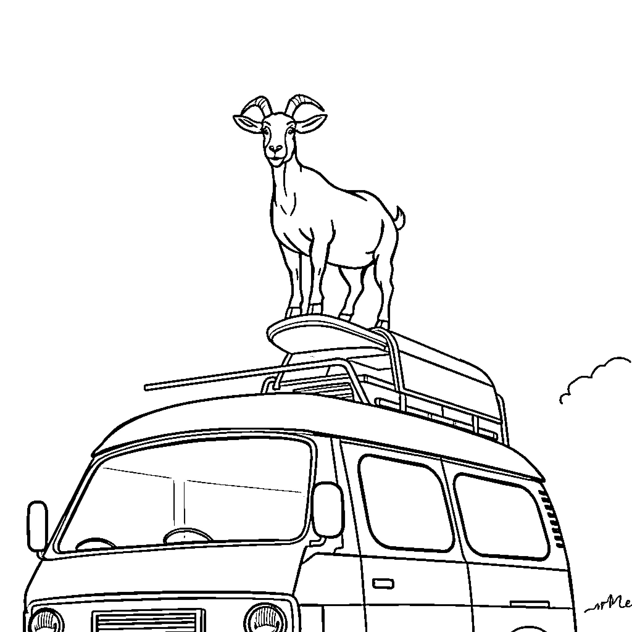 Goat standing on top of a van Coloring Page (free black-and-white line drawing printable PDF for all, from beginners to advanced learners, including children, teens, adults, and seniors)