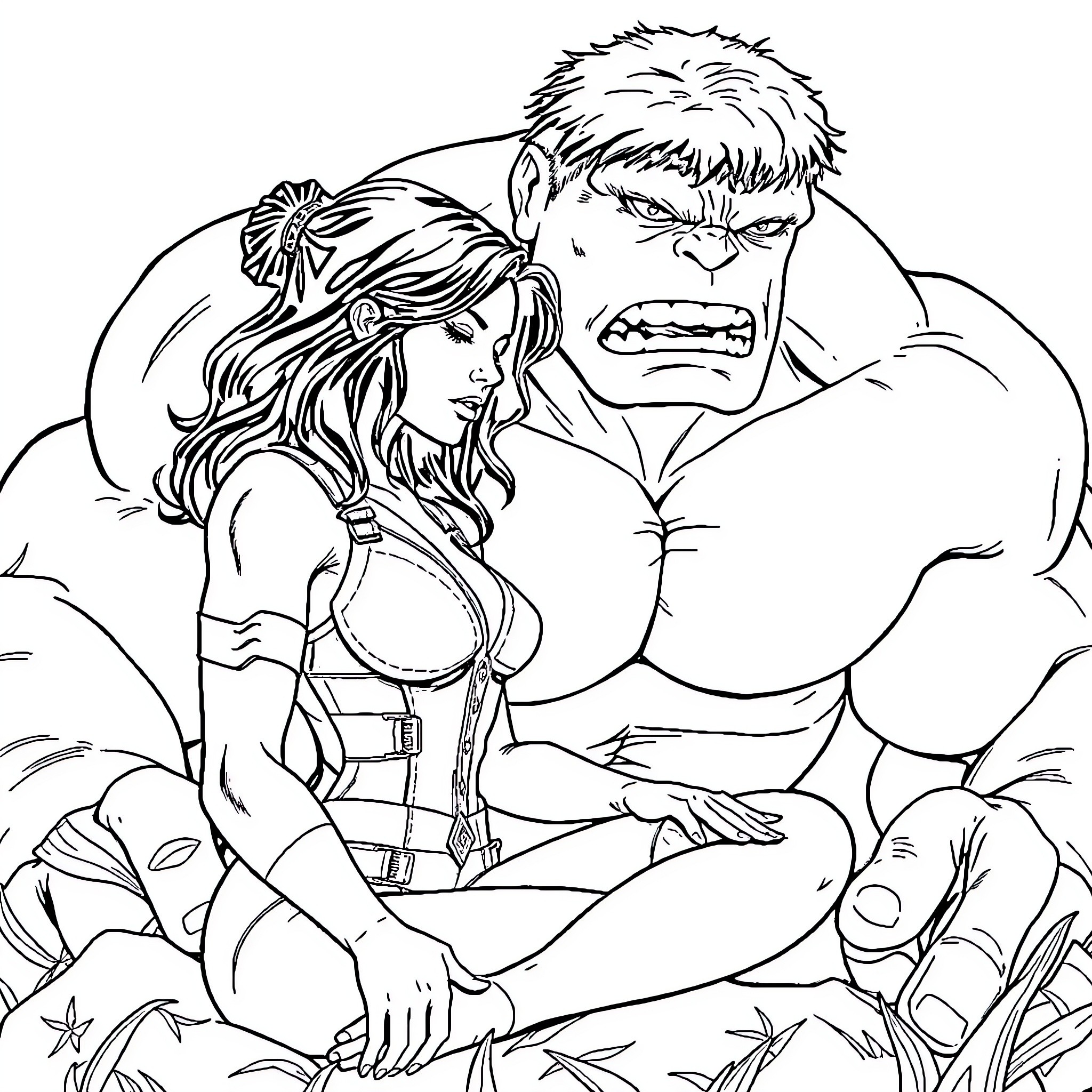 Blackwidow Embracing The Hulk Coloring Page (free black-and-white line drawing printable PDF for all, from beginners to advanced learners, including children, teens, adults, and seniors)