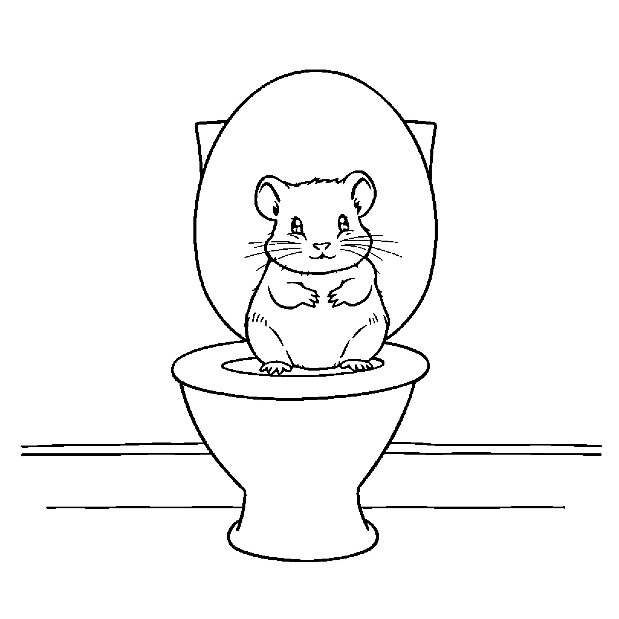 Hamster sitting in a toilet bowl Coloring Page (free black-and-white line drawing printable PDF for all, from beginners to advanced learners, including children, teens, adults, and seniors)