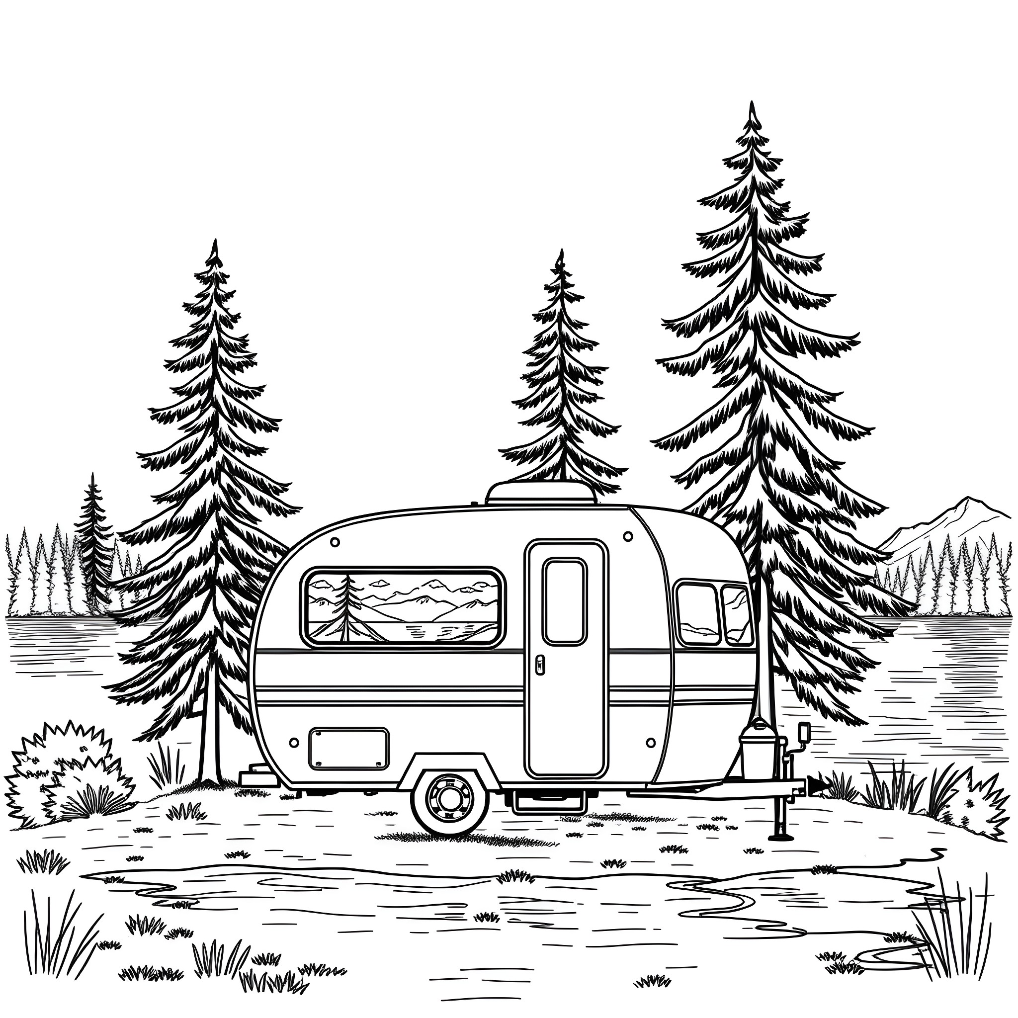 Trailer parked in peaceful forest landscape Coloring Page (free black-and-white line drawing printable PDF for all, from beginners to advanced learners, including children, teens, adults, and seniors)