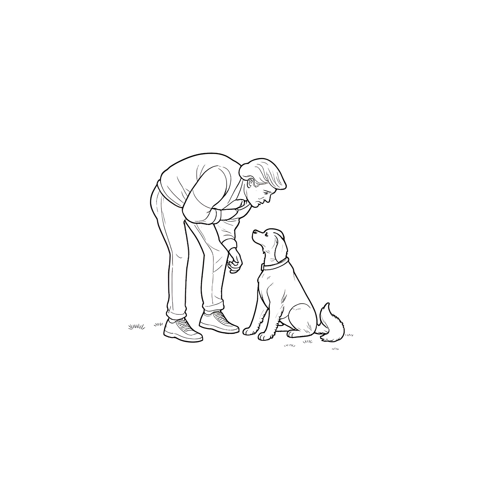 Trump playing with a dog in a simple illustration Coloring Page (free black-and-white line drawing printable PDF for all, from beginners to advanced learners, including children, teens, adults, and seniors)